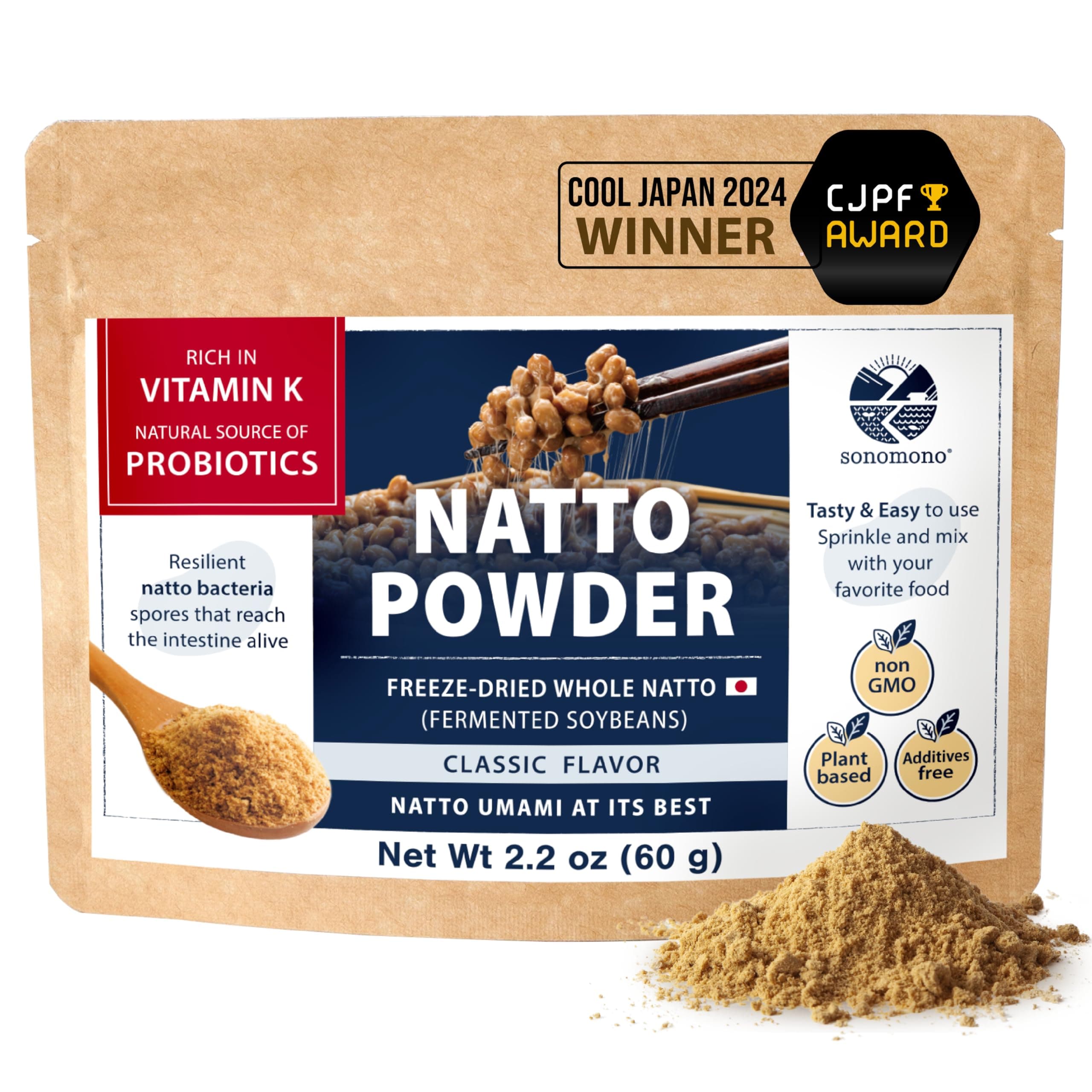 sonomono 10g Classic Japanese Natto, Fermented Soy Powder for Gut Health, Non-GMO, Vegan, Low Sodium, Freeze-Dried, Prob Rich 30 Servings (Pack of 1)