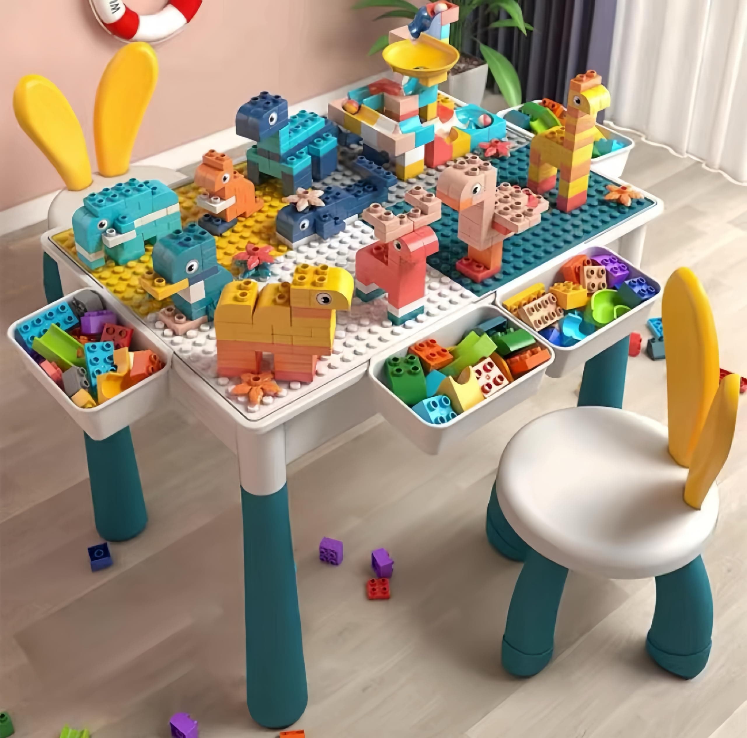 Kids Multi-Functional Educational Block Table and 1 Chair Set (Include 403pcs building blocks)– Kids Multi Activity Building Block Table Toy with Storage; kids study table and chair