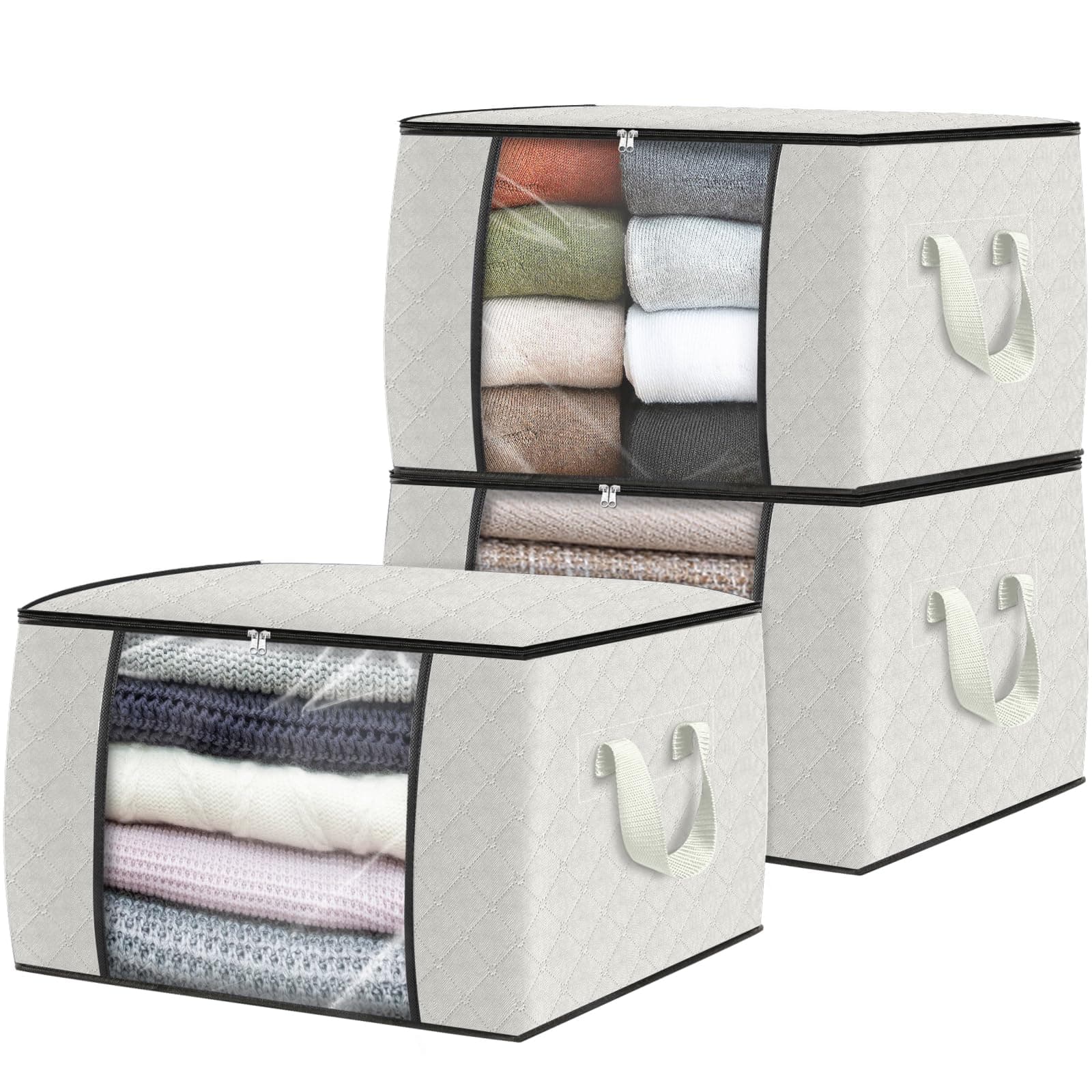3 Pack Clothes Storage, Foldable Thick Fabric Blanket Storage Bags, Containers for Organizing Bedroom, Closet, Clothing, Comforter, Organization with Handle,Ivory White