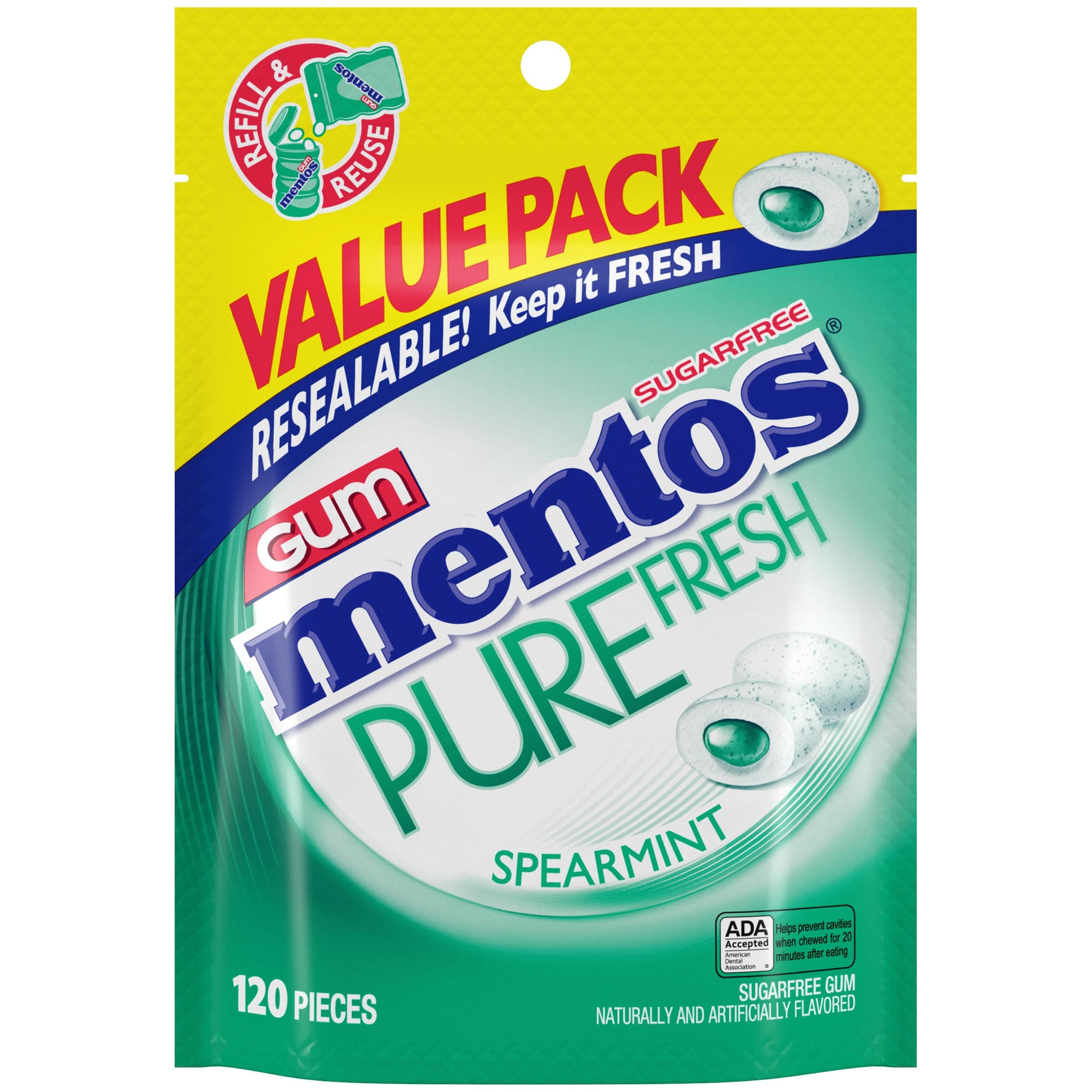 Mentos Pure Fresh Sugar-Free Chewing Gum with Xylitol, Spearmint, 120 Piece Bulk Resealable Bag (Pack of 1)