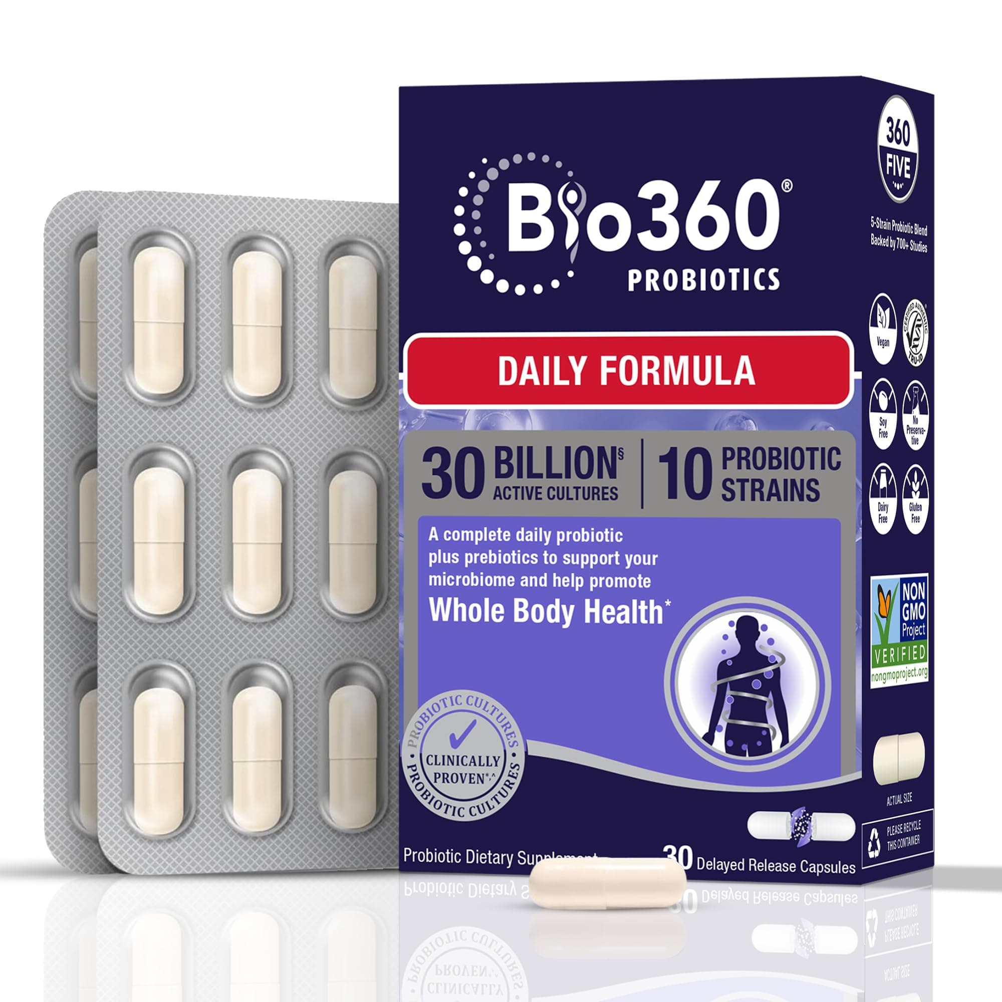 Adult Daily Probiotic Supplement for Women & Men, 30 Billion CFU, 10 Strains, Organic Prebiotic Fibers, Digestive & Immune Health, Occasional Constipation, Diarrhea, Gas & Bloating, 30CT