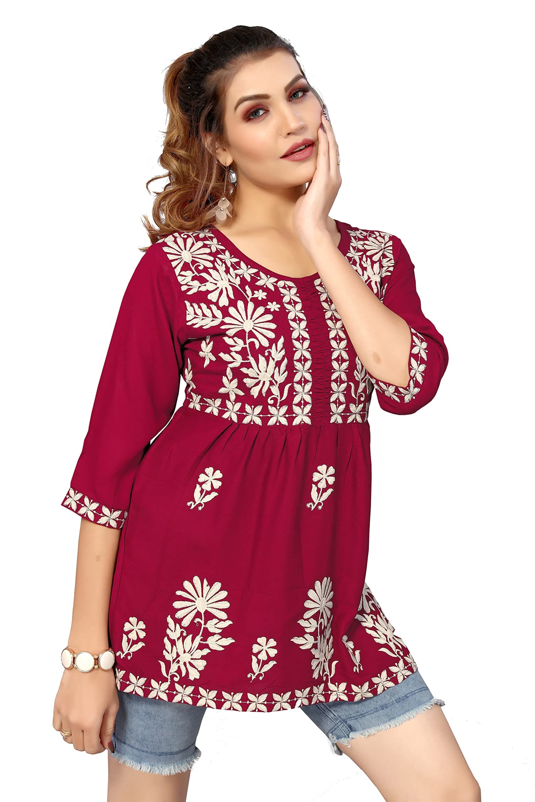 Bee M Pee Designer Short Kurti Tops for Jeans for Women I Chikankari Rayon Cotton Long Kurta Kurti for Women I Stylish wear Kurti top for Girls