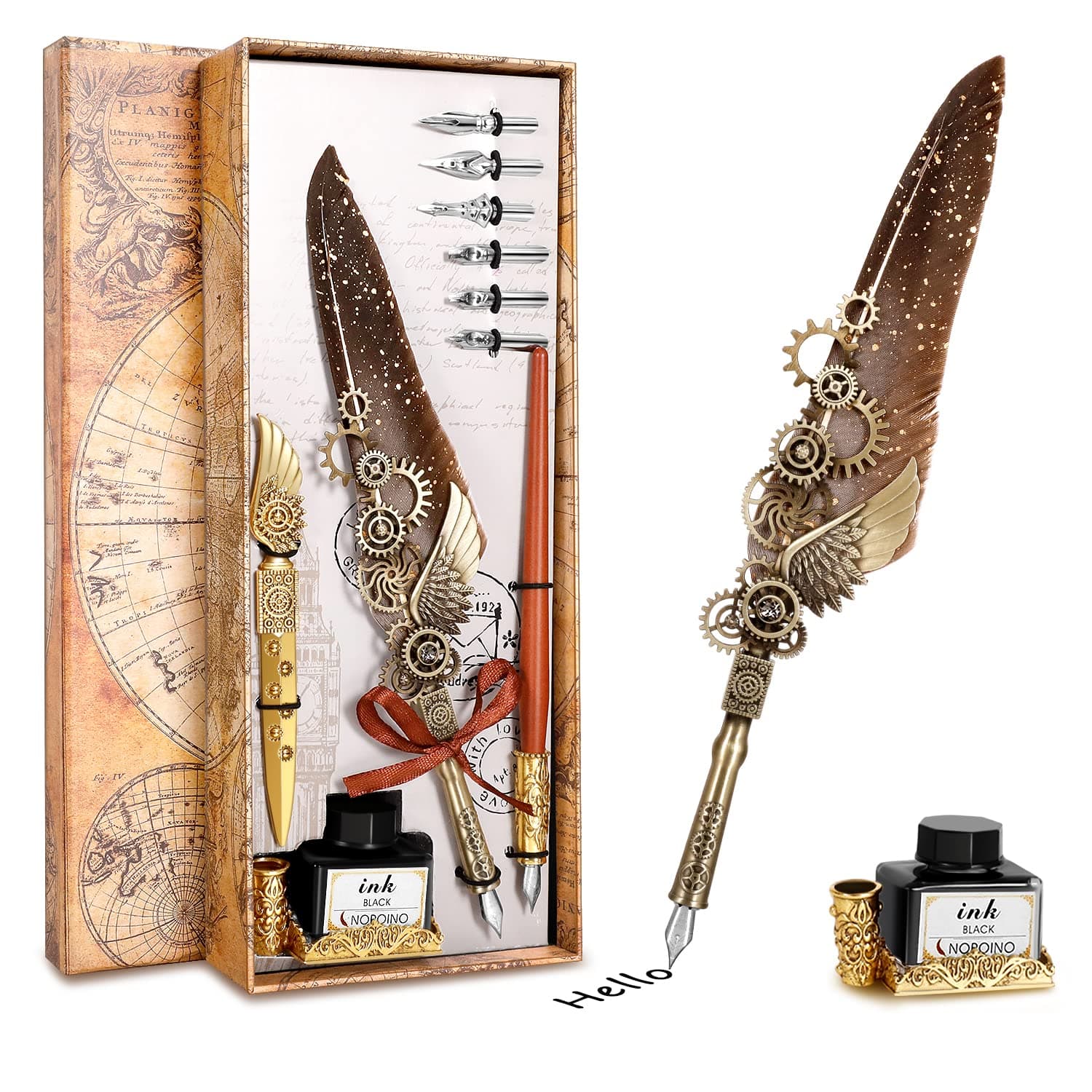 Quill Pen Calligraphy Set, Antique Mechanical Steampunk Style Feather Pen Includes 1 Wooden Dip Pen, 8 Nibs, 1 Bottle of Ink, 1 Letter Opener, 1 Base (Gray)