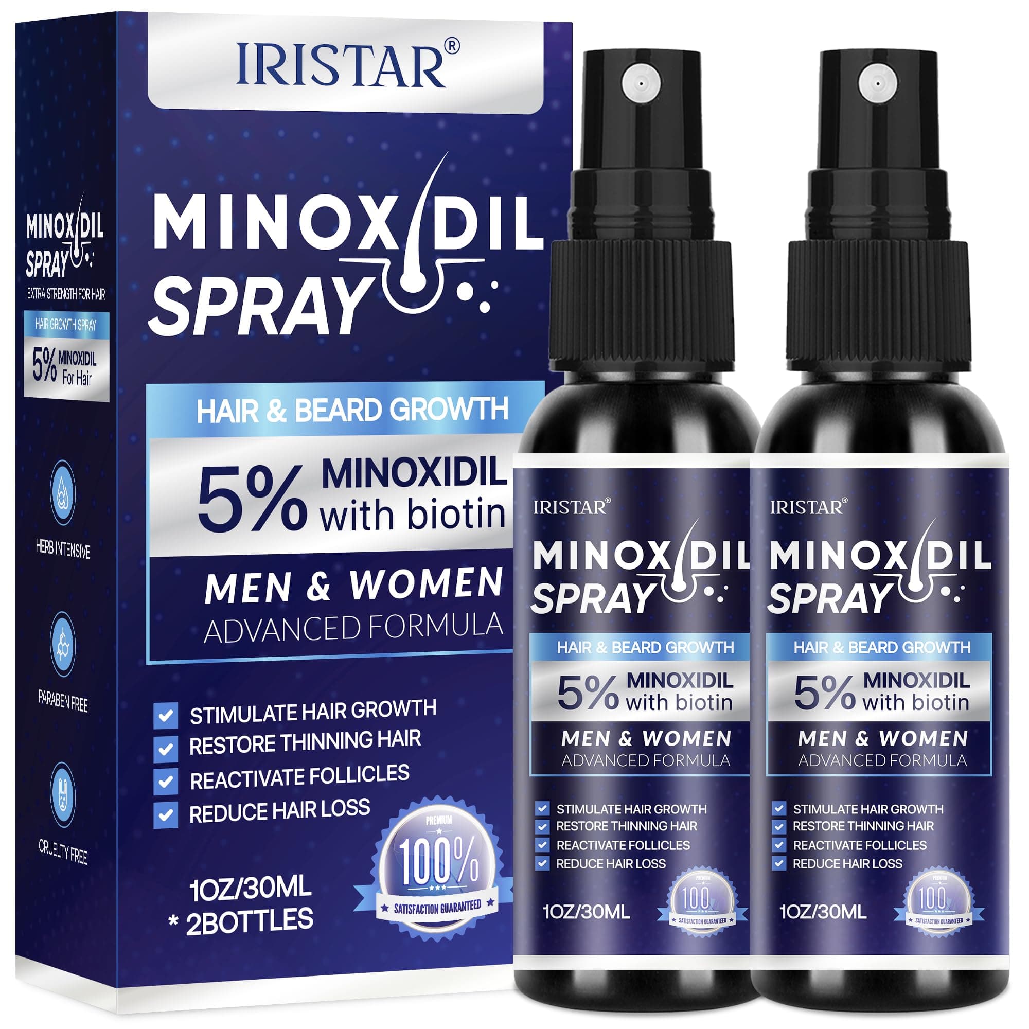 Minoxidil 5% Hair Regrowth for Men & Women, 30ml x 2 Bottles, Spray, Unisex Adult, Clear, Unscented
