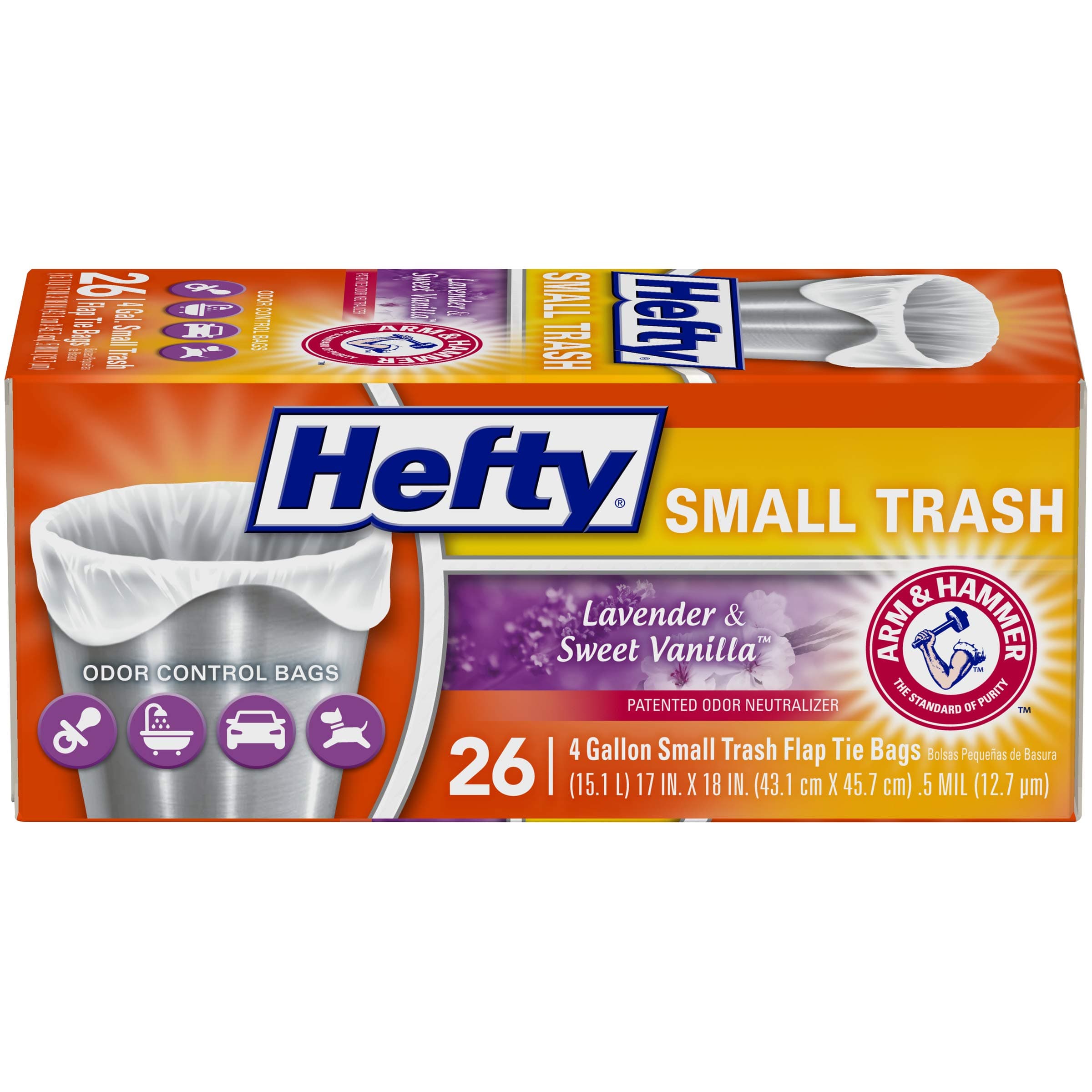 Hefty Small Trash Bags, Flap Tie, Lavender & Sweet Vanilla Scent, 4 Gallon, 26 Count