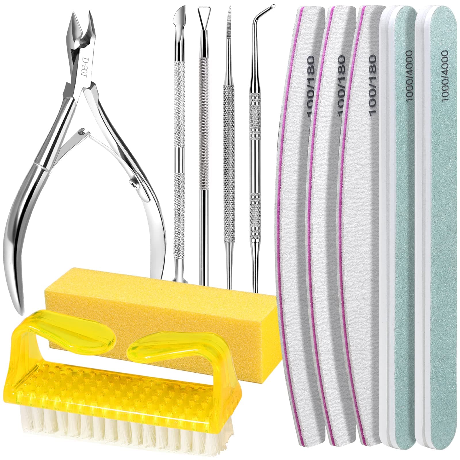 FANDAMEI Nail Care Set, Nail Files 100/180, Nail Buffer Block, Cuticle Tools, Nail Cuticle Nippers, Cuticle Trimmer, Cuticle Pusher, Manicure & Pedicure Kits, Toenail File, Yellow