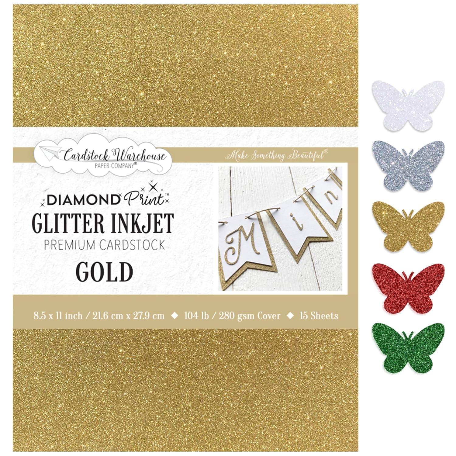 Cardstock Warehouse Diamond Print Inkjet Glitter - Premium Gold Glitter Cardstock Paper – 15 Sheets, 8.5 x 11" - 104 lb/280 GSM for Inkjet Printing, Die-Cutting, Card Making, Crafts, and DIY Projects