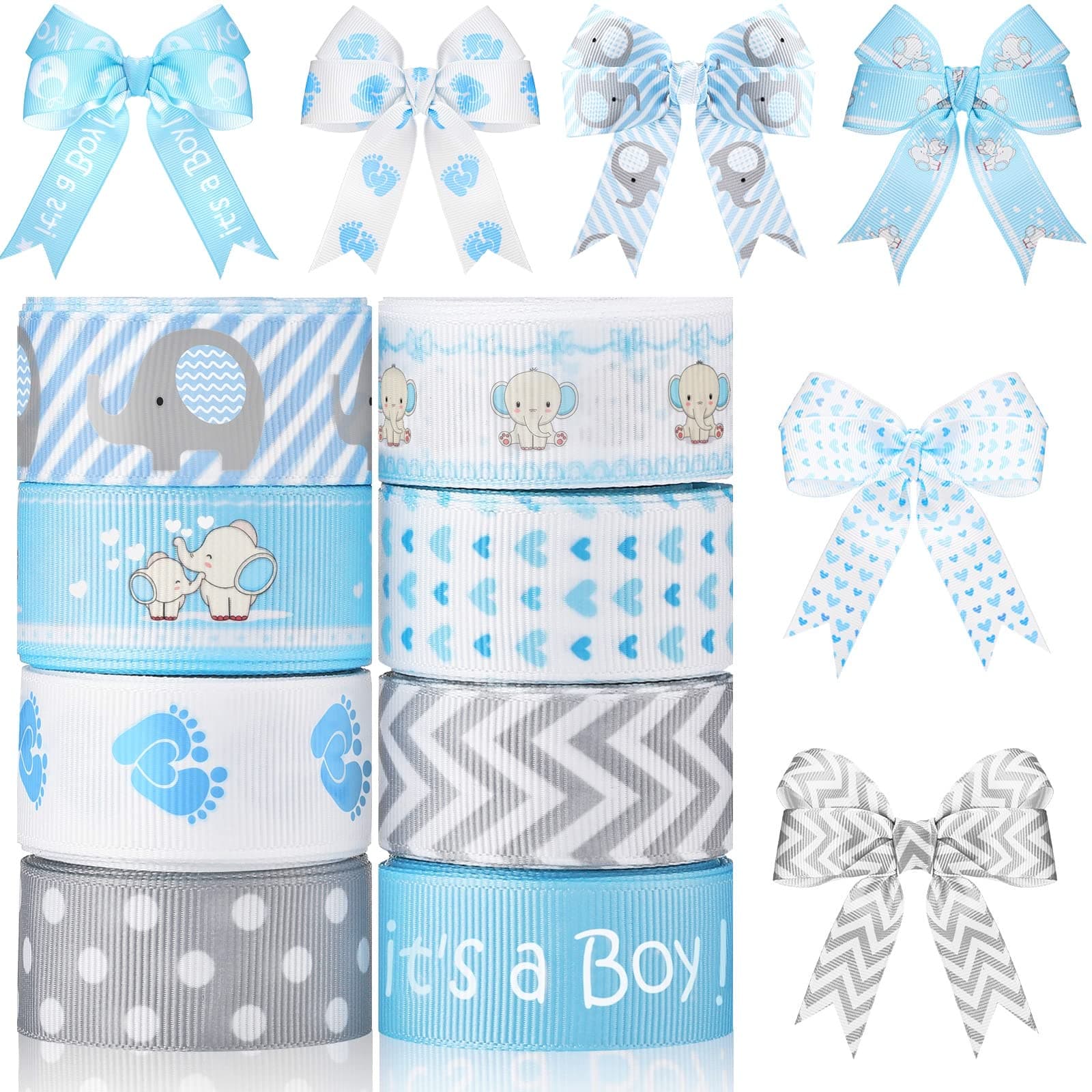 8 Roll Baby Elephant Grosgrain Ribbon 7/8 Inch Baby Shower Craft Ribbon It's a Boy/ Girl Foot Print Ribbon for Gift Wrapping Baby Shower Gender Reveal Party Diaper Cake Decor, 40 Yard Total (Blue)