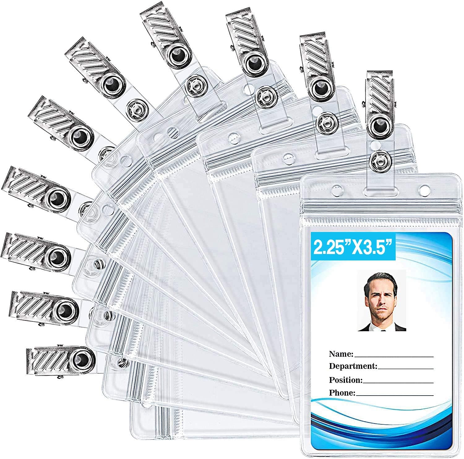 ID Badge Holder with Metal Badge Clips – Waterproof Sealable Clear Plastic Vertical ID Card Holder for Work ID, Key Card, Driver’s License (Vertical 10 Pack)