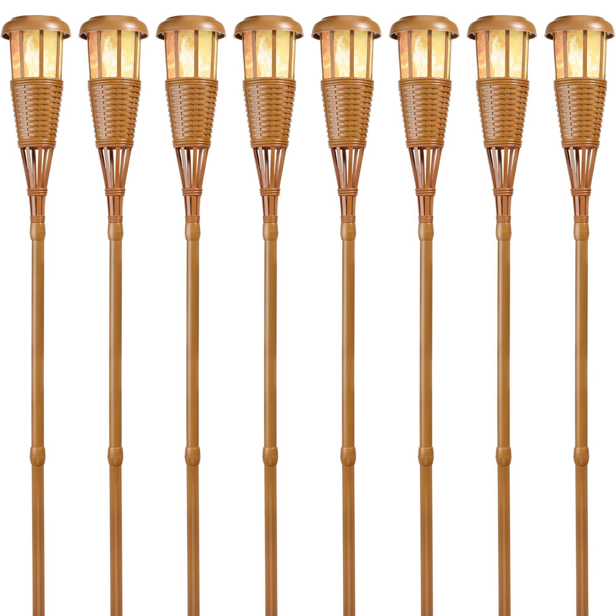 FLTORCH8 LED Island Torch Solar-Powered Flickering Dancing Flame Effect, Waterproof Outdoor Landscape Lighting, Bamboo Finish, 8-Pack