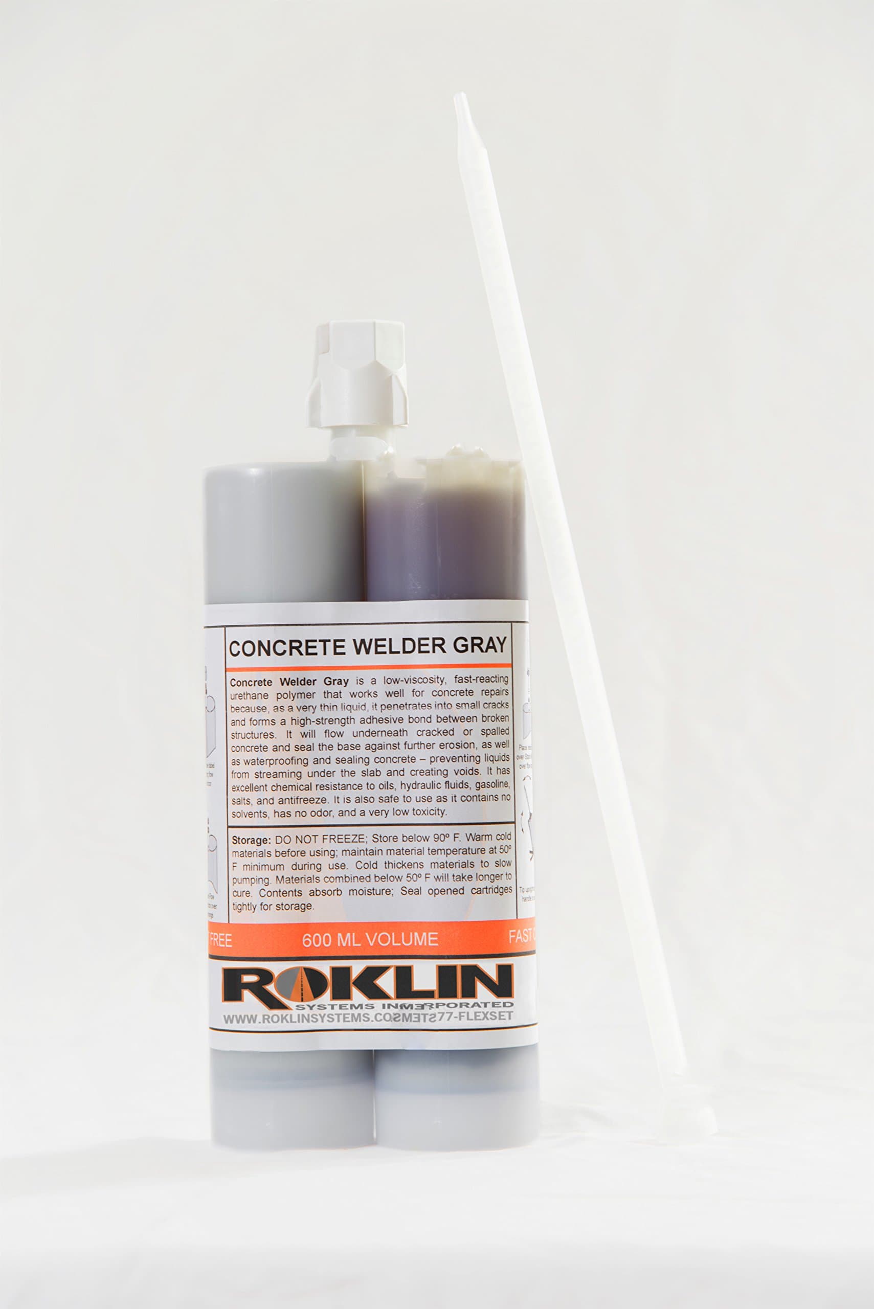 Roklin Systems, Inc. - Concrete Welder Rapid Crack Repair, Quick-Drying Concrete Crack Filler, Foundation Crack Repair Injection Kit with Static Mixer, Pavement/Driveway Sealant, 21 oz, Gray