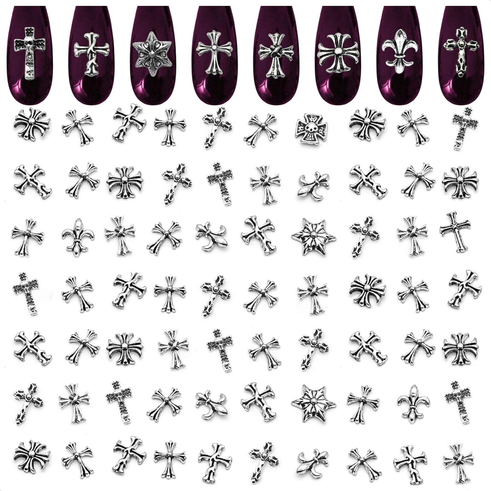 100 Pcs 3D Crosses Nail Charms Vintage Silver Chrome Metal Punk Gothic Mixed Skulls Hearts Cross Shape for Manicure DIY Craft Nail Art Decoration Accessories
