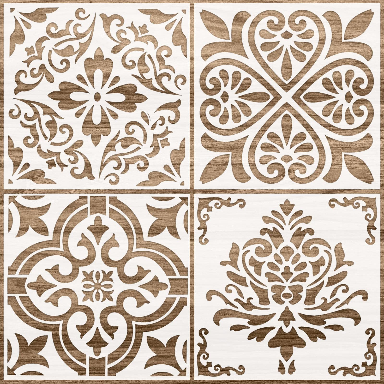 Zonon 4 Pcs Reusable Tile Stencil for Painting Large Floor Wall Templates Flower Damask Talavera Amalfi Mehndi for DIY Plaster Furniture Wood Concrete Fabric Decor(12 x 12 Inches,Flower Style)
