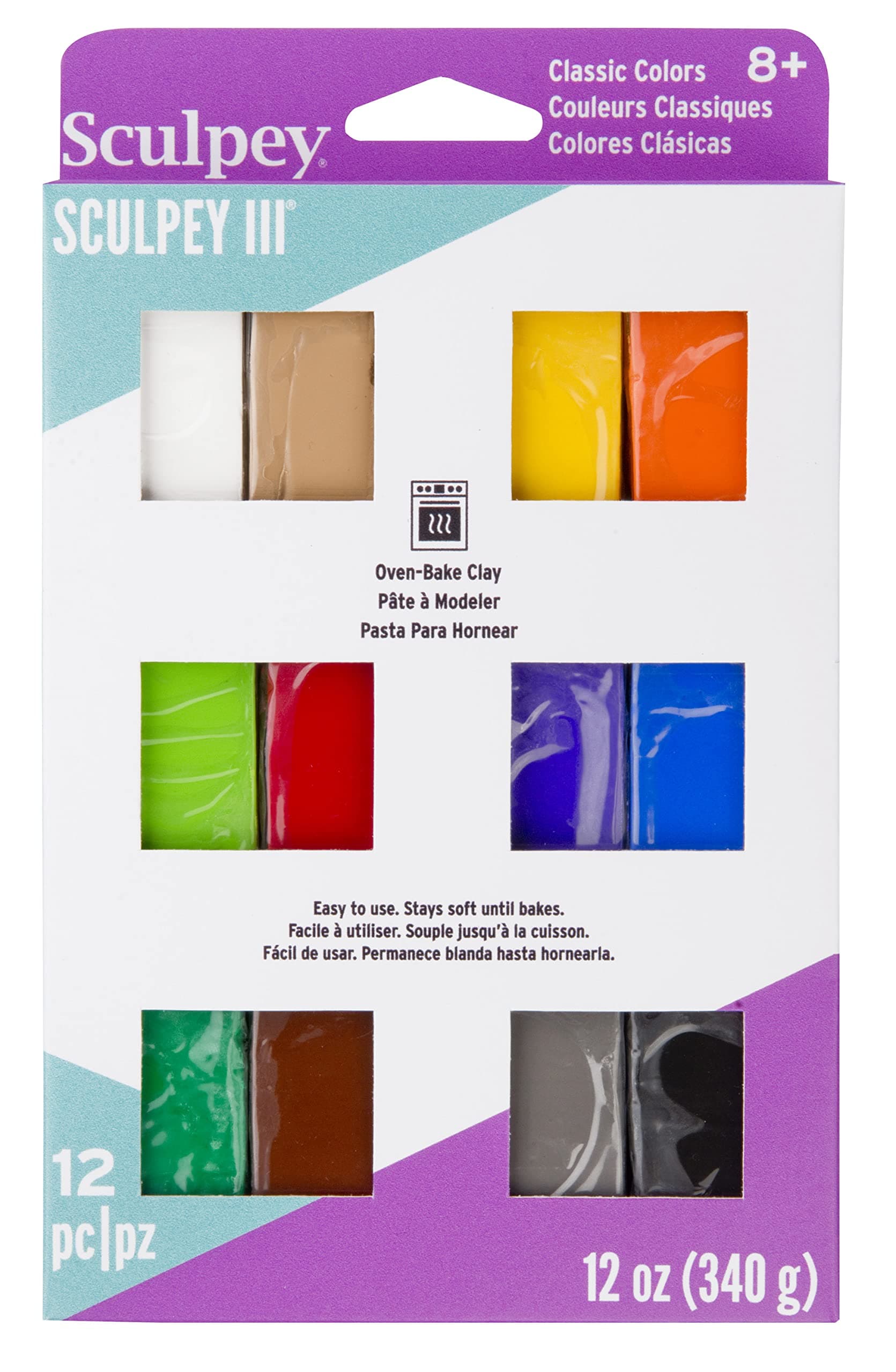III 12 Classic Colors of Polymer Oven-Bake Clay, Non Toxic 12 oz.,Great for Modeling, Sculpting, Holiday, DIY & School Projects.Great for Kids & Beginners!