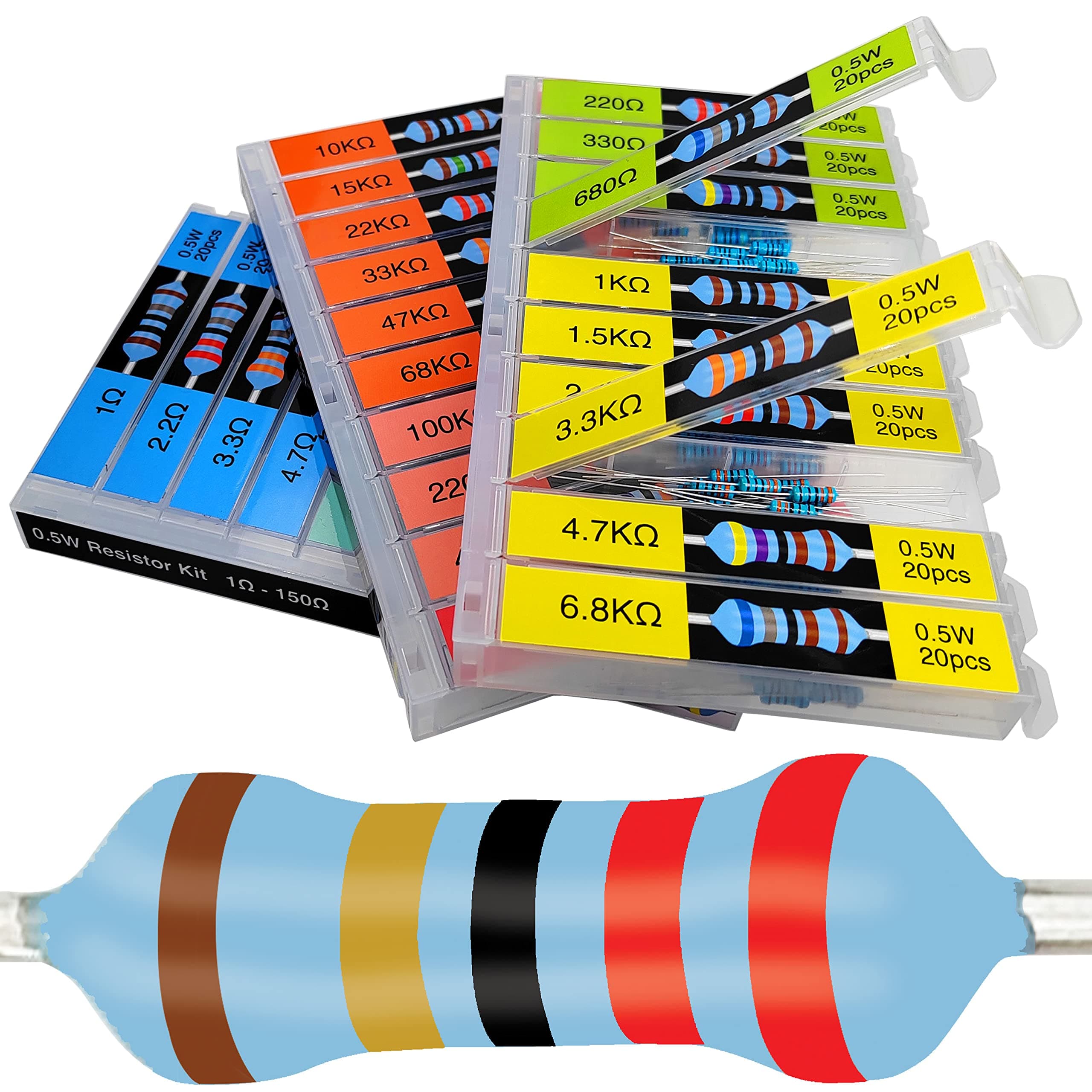 1/2W 30 Values 600pcs Individual Compartment 1 Ohm-1M Ohm with 1% Metal Film Resistor Assortment Kit and Electrical Industrial Assorted Set K Ohm Pack for Led Lights