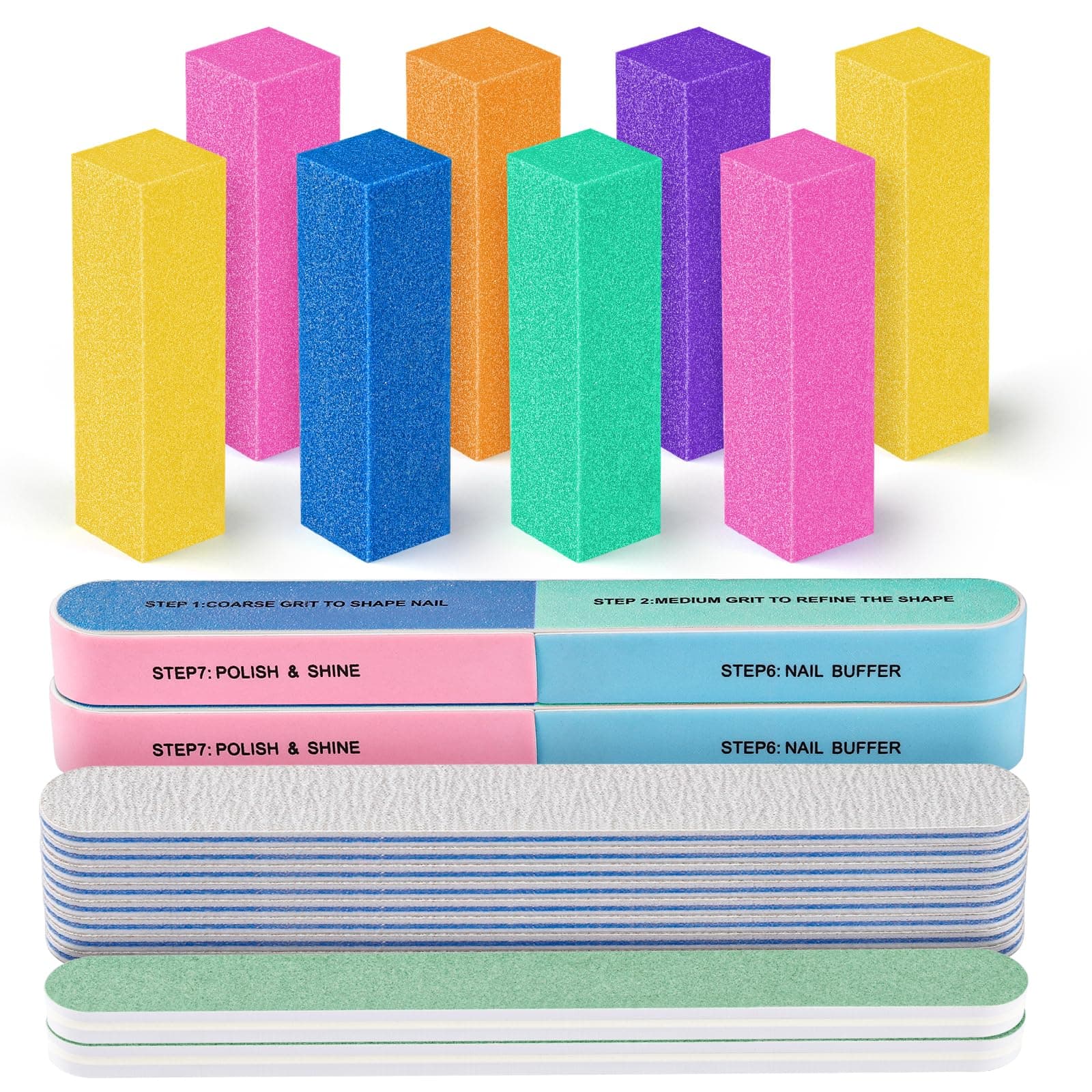 FANDAMEI Nail Buffers and Files, 8PCS Colorful Nail Buffer Block, 8PCS Blue Nail File, 2PCS 7 Way Nail File & 2PCS Nail Polishing Buffer. Professional Nail Care Tools Kit. Nail File Buffer Tools