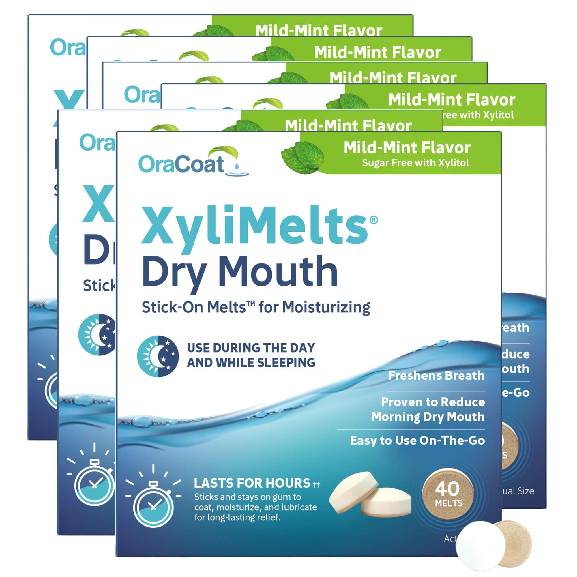 XyliMelts for Dry Mouth Night Time or Day - Moisturizing Dry Mouth Adhering Discs, Sugar Free with Xylitol, 40 Count - 6 Pack, Mild Mint Flavor, 8-Hour Relief
