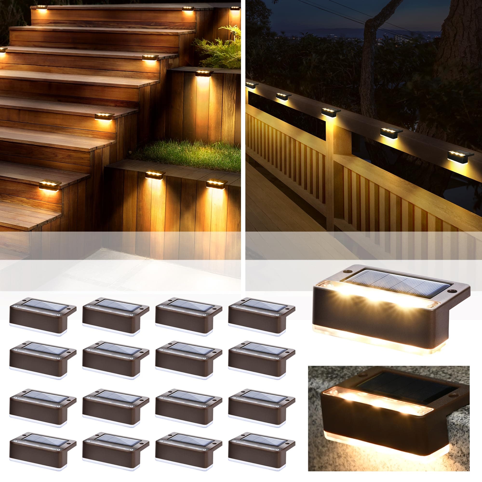 Solpex Solar Step Lights 16 Pack, Solar Outdoor Lights for Fence,Waterproof Solar Powered Outdoor Light for Deck Porch Stair Railings Deck Yard Garden Patio Pool Decorations (Warm White,Brown)