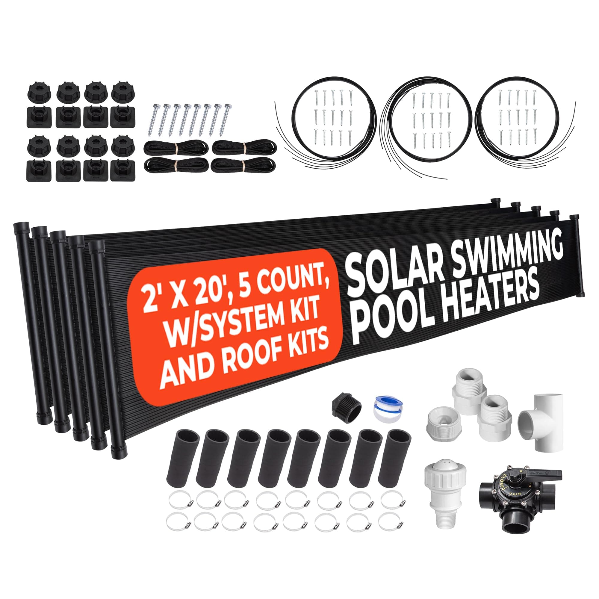 SunQuest Complete Pool Heater System - 5 (2ft x 20ft) Panels w/Bypass and Roof Kit - Solar Heater for Above Ground & Inground Swimming Pools - Tube on Web Design Panel-Polypropylene UV Resistant