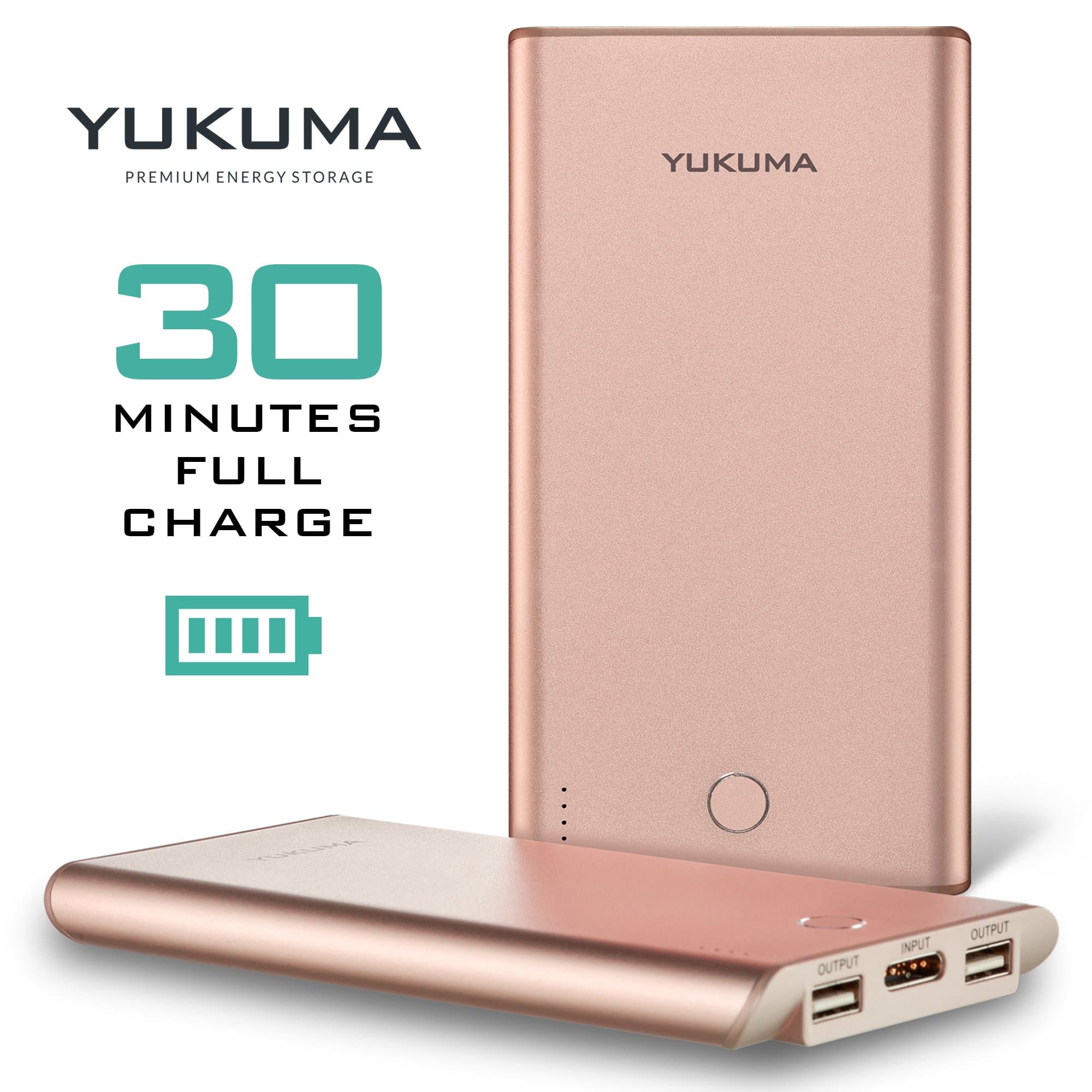 Yukuma Power Bank - World's Fastest Recharge - 30 Minutes - 10000 mAH - / Portable Charger External Batteries For Phones, Tablets, Cameras, Bluetooth Speakers - Rose Gold
