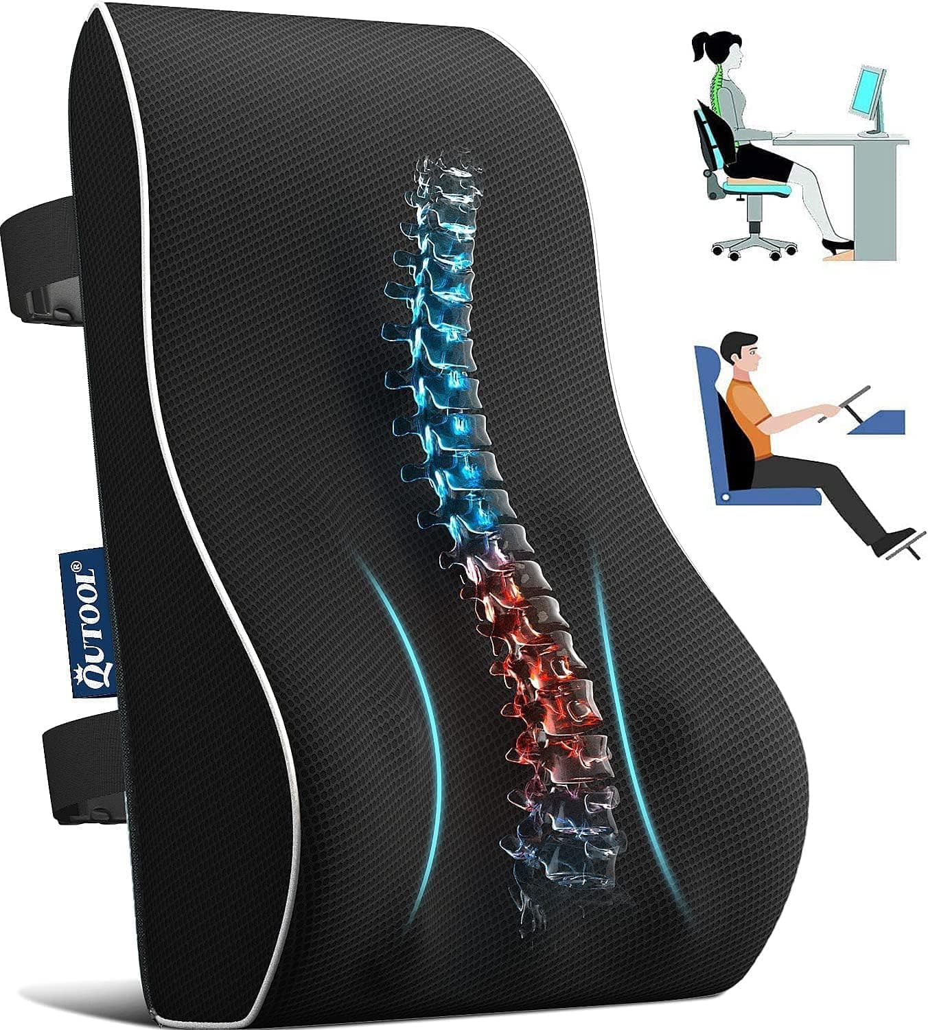 QUTOOL Lumbar Support Pillow for Office Chair Car Memory Foam Back Cushion Large Back Support Pillow for Computer, Gaming Chair, Recliner Double Adjustable Straps