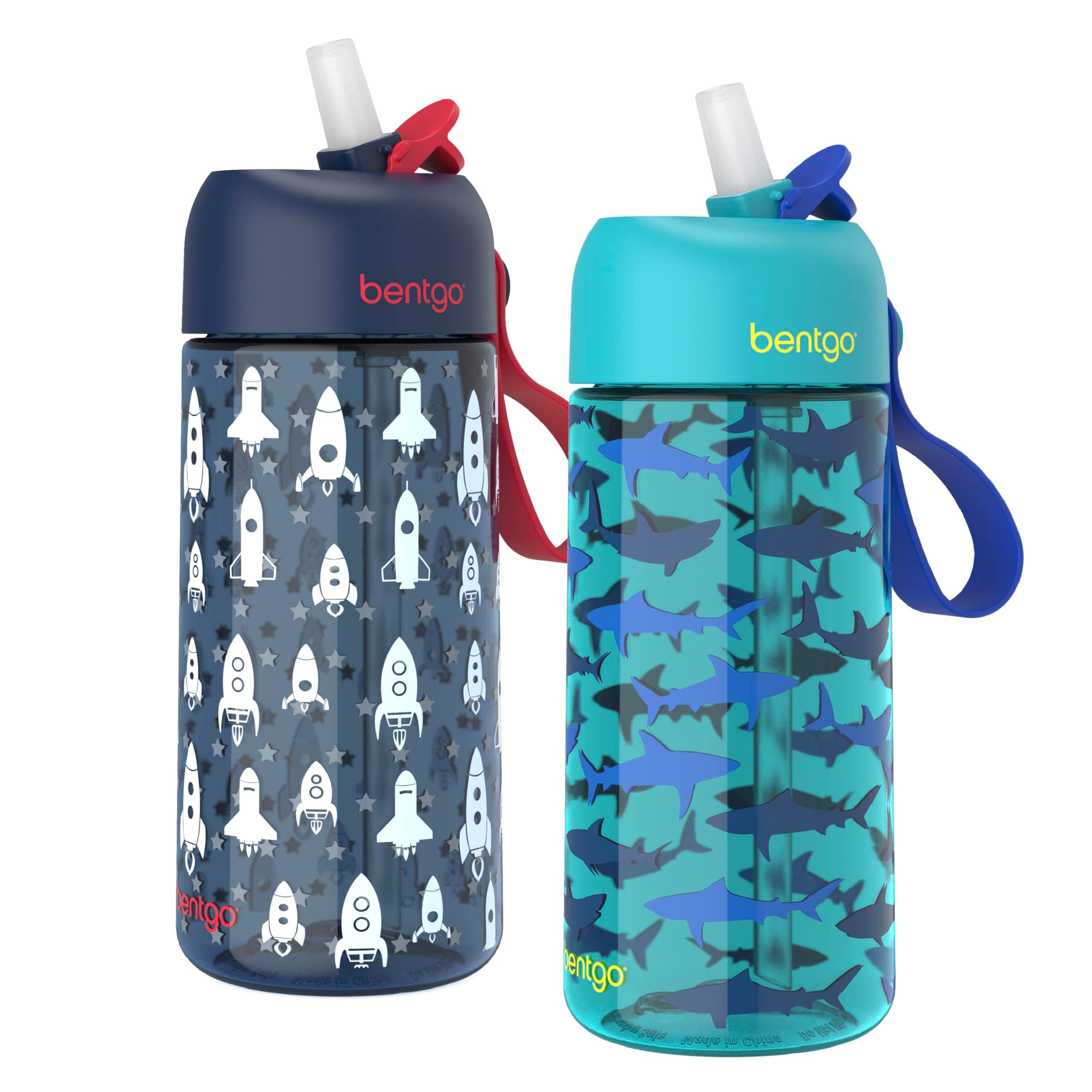 BentgoKids Water Bottle 2-Pack - New, Improved 2023 Leak-Proof BPA-Free 15 oz Cups for Toddlers & Children - Flip-Up Safe-Sip Straw for School, Sports, Daycare, Camp (Rocket/Shark)