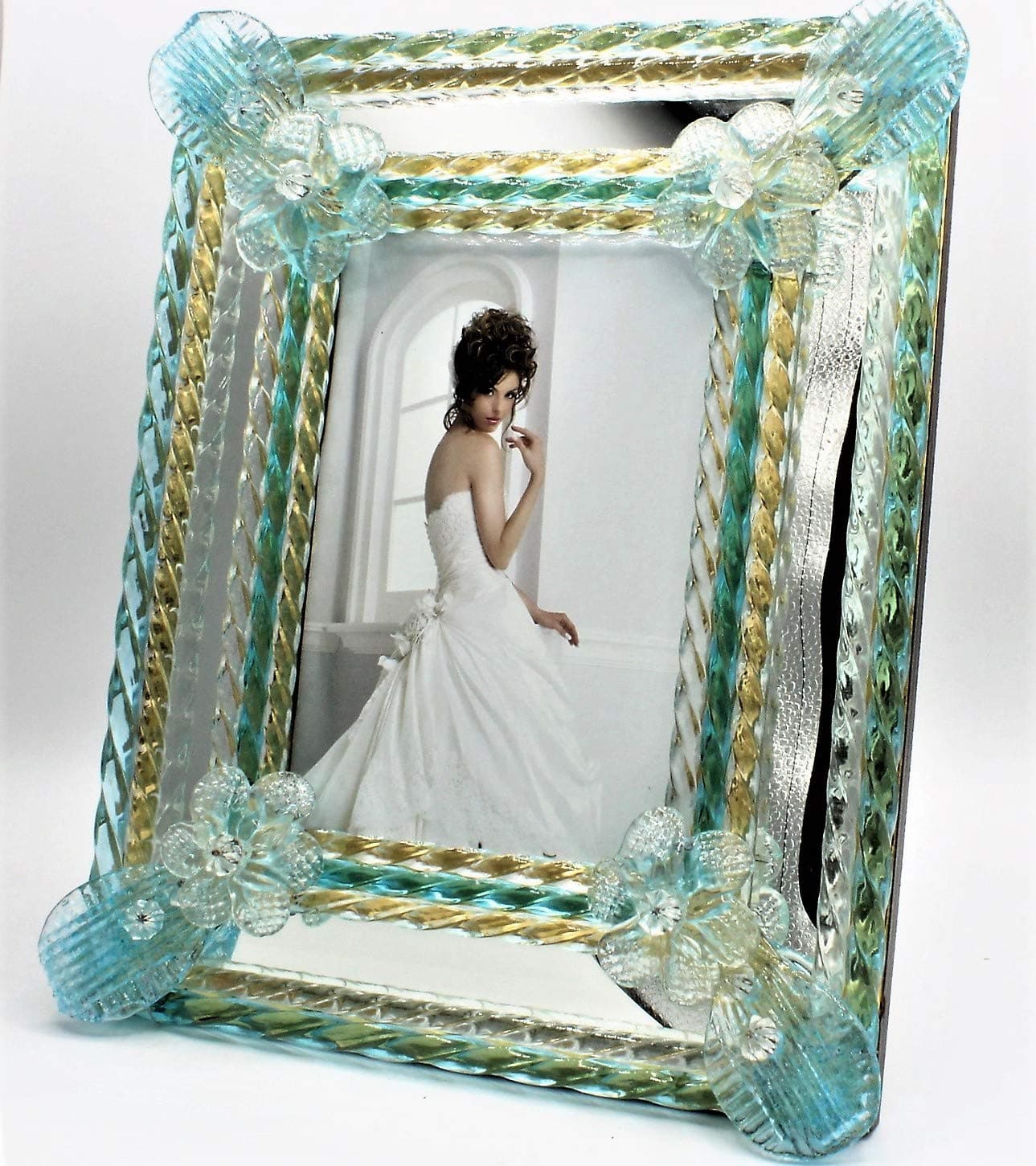 Venetian Photo Frame 20 x 25 cm Light Blue Gold Murano Glass Collection Gold Leaf Made in Italy