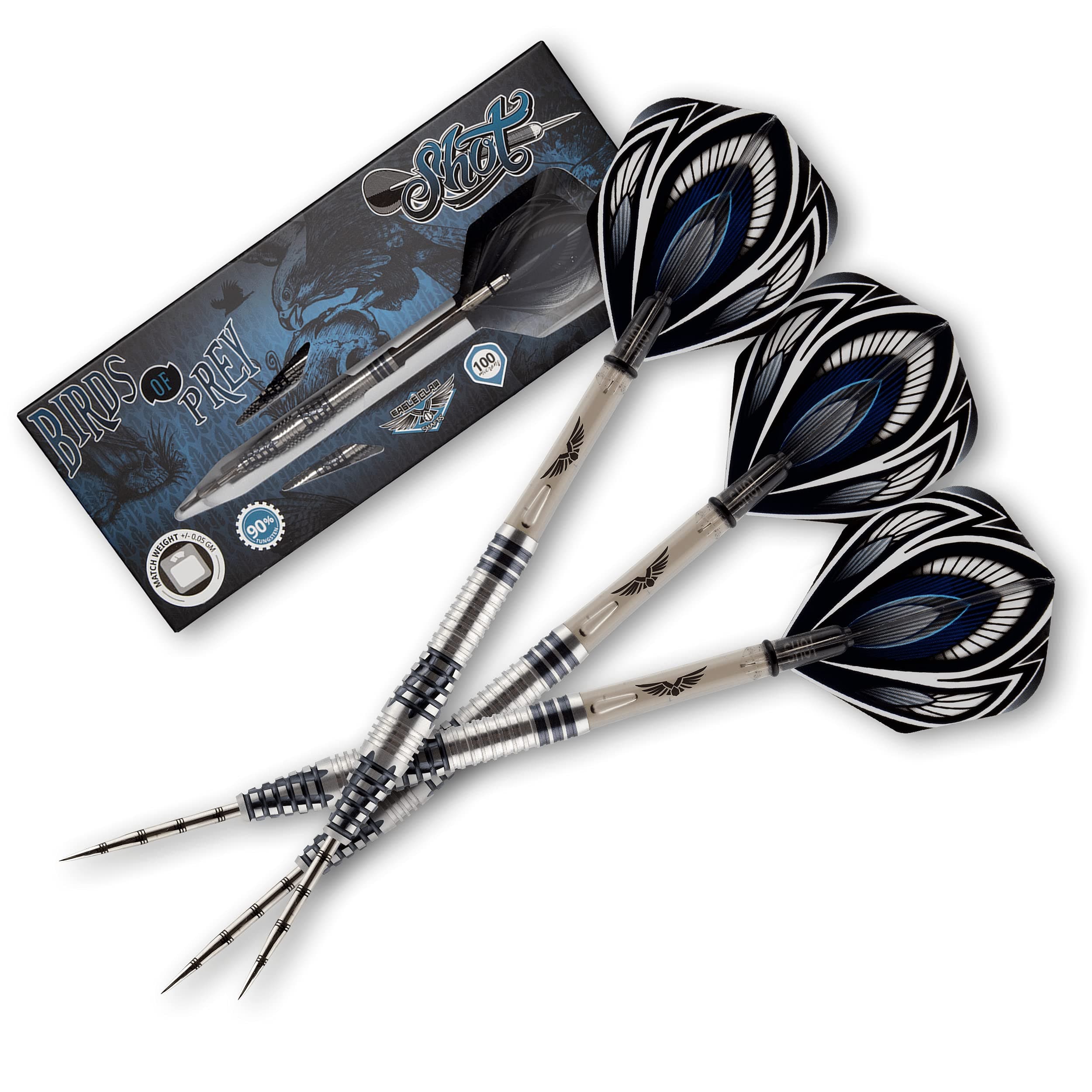 Shot! Darts Steel Tip, Birds of Prey Falcon (23g/25g/27g), 90% Tungsten Barrel, Front Weighted, Handcrafted Professional Dart Set & Flights Made in New Zealand, Metal Tip for Bristle Dartboard