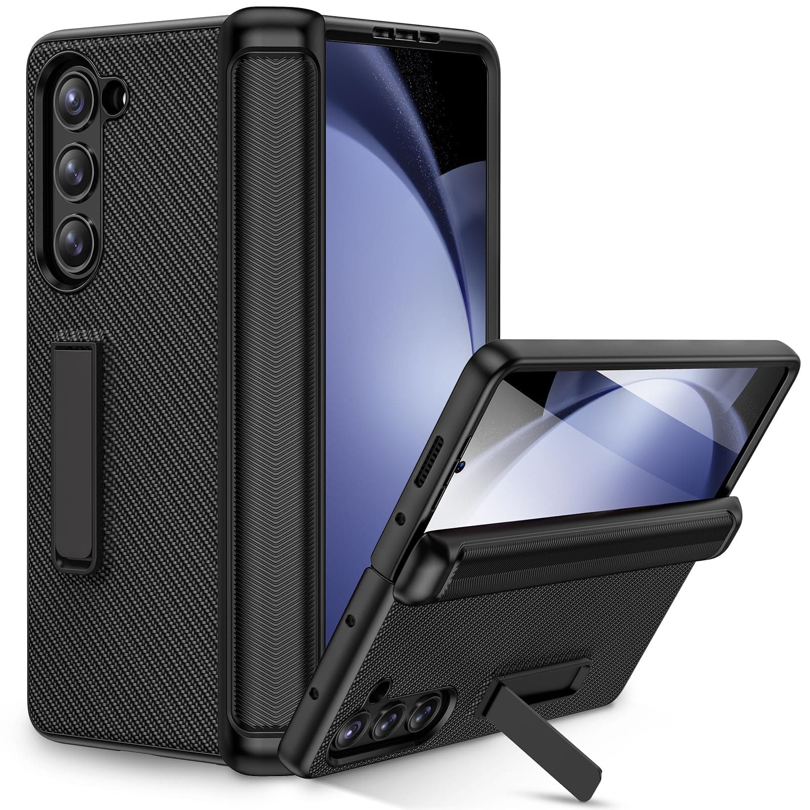 Ruky キックスタンドケース Samsung Z Fold 5用 ヒンジ保護付き、フルボディケース 内蔵スクリーンプロテクター付き PUレザー携帯電話ケース Samsung Galaxy Z Fold 5 5G用 カーボンファイバー