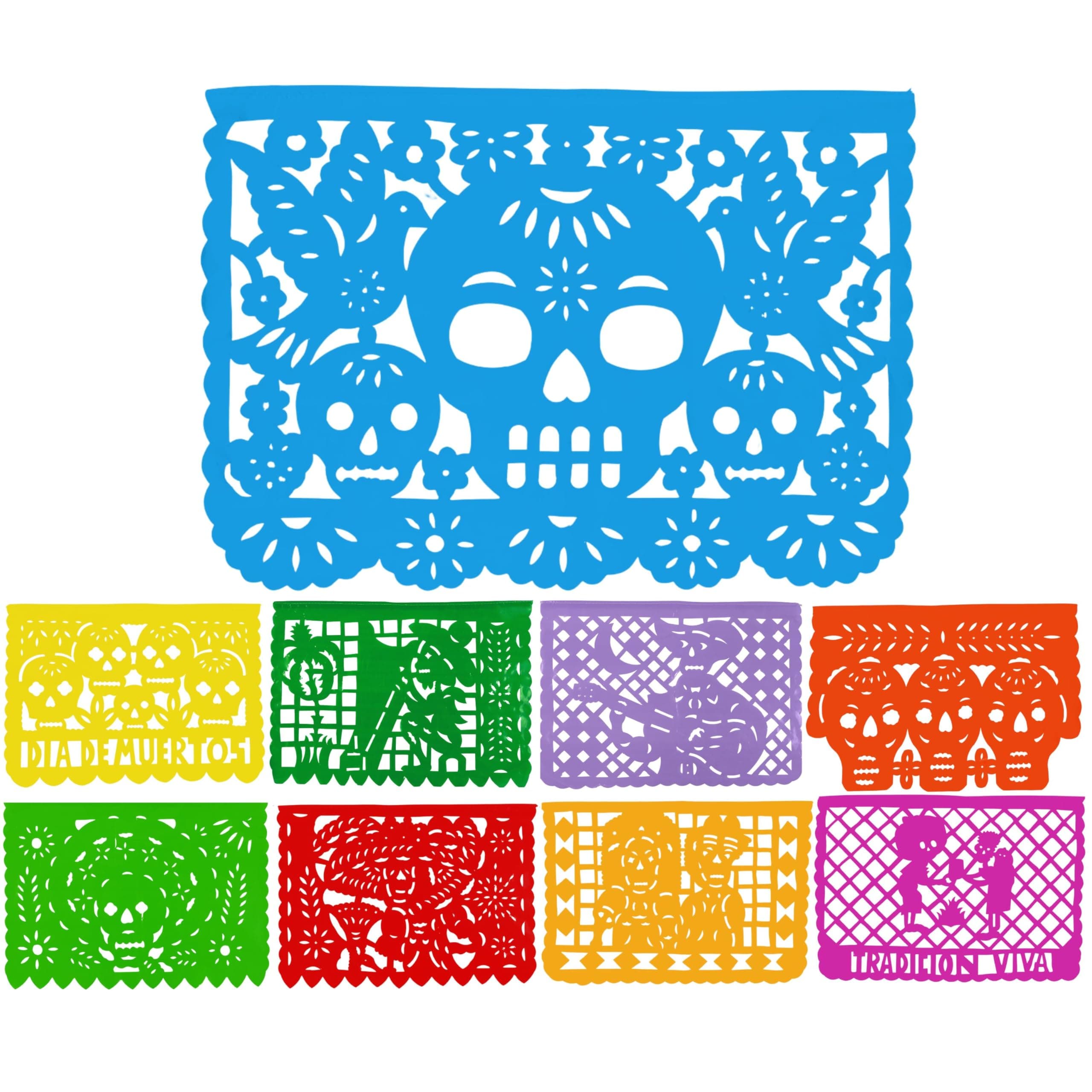 Day of The Dead Papel Picado Banner, Dia de los Muertos Decorations, Halloween Decorations - One 16-foot plastic banner with 10 extra large panels by TexMex Fun Stuff