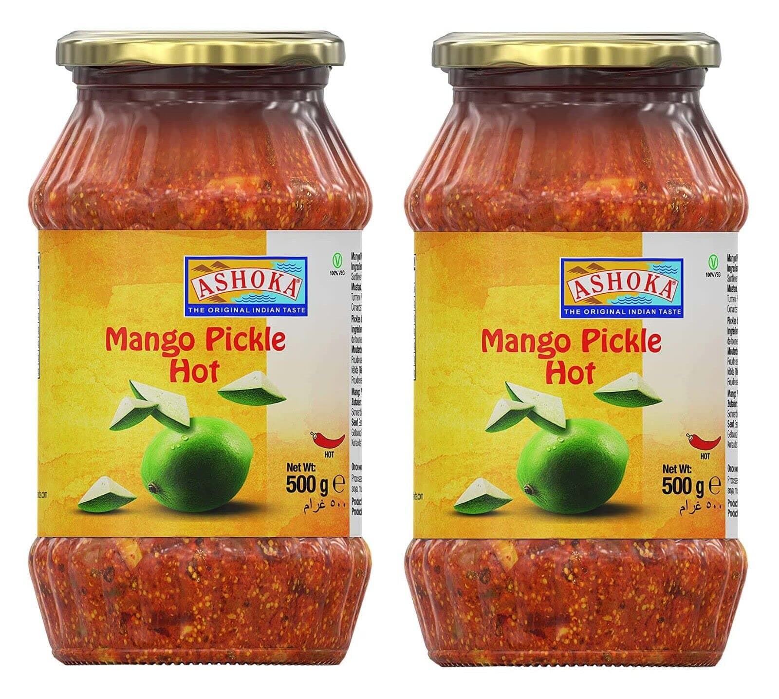 Ashoka Mango Pickle Hot 500g (Pack of 2) - Perfect as a Side Condiment for Any Indian Dish - Eaten With Indian Dinner or With Indian Breakfast