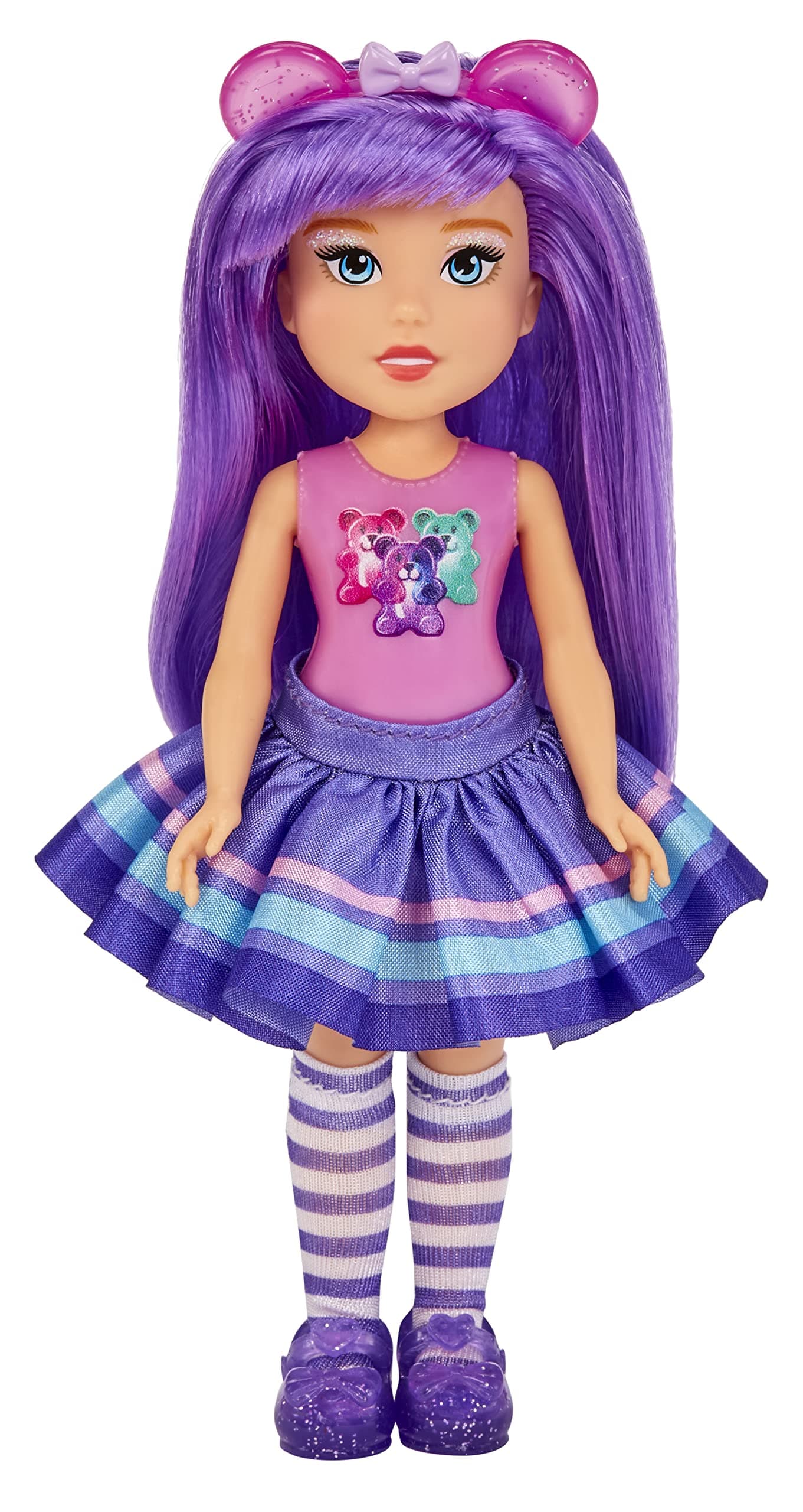 MGA Dream Bella Little Candy Princess - Aubrey - Gummy Bear Motif with Candy Fragrance, 14 cm - Scratch 'N Sniff Label, Long Purple Hair, Headband and Fashionable Accessories - For Children from 3