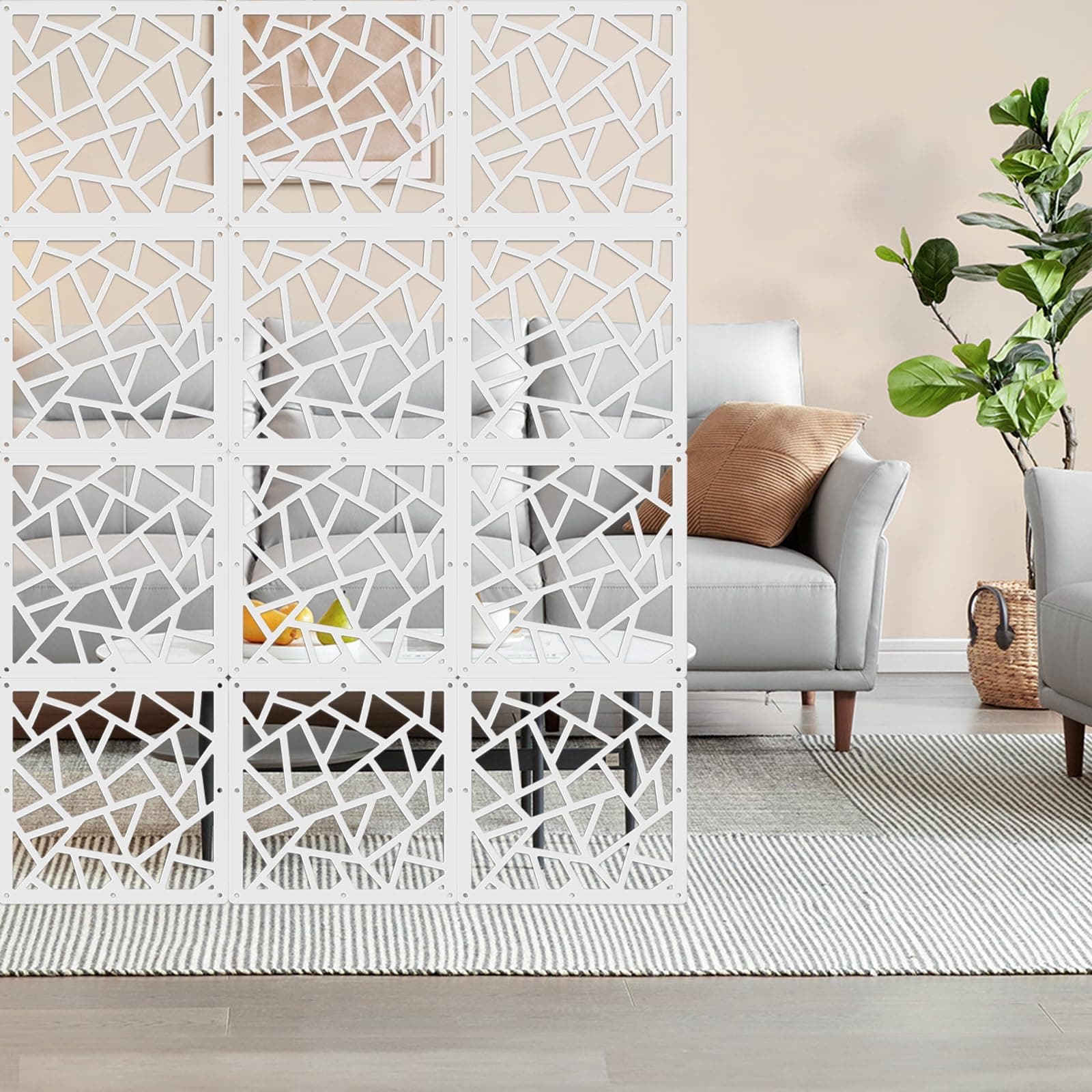 ANMINY 12 PCS Hanging Room Divider Decorative Thick Panels Floral Carving Wall Screen Hollow Out Design for Bedroom Living Dining Room Kitchen Office Restaurant Home Decor - White Geometric Patterns