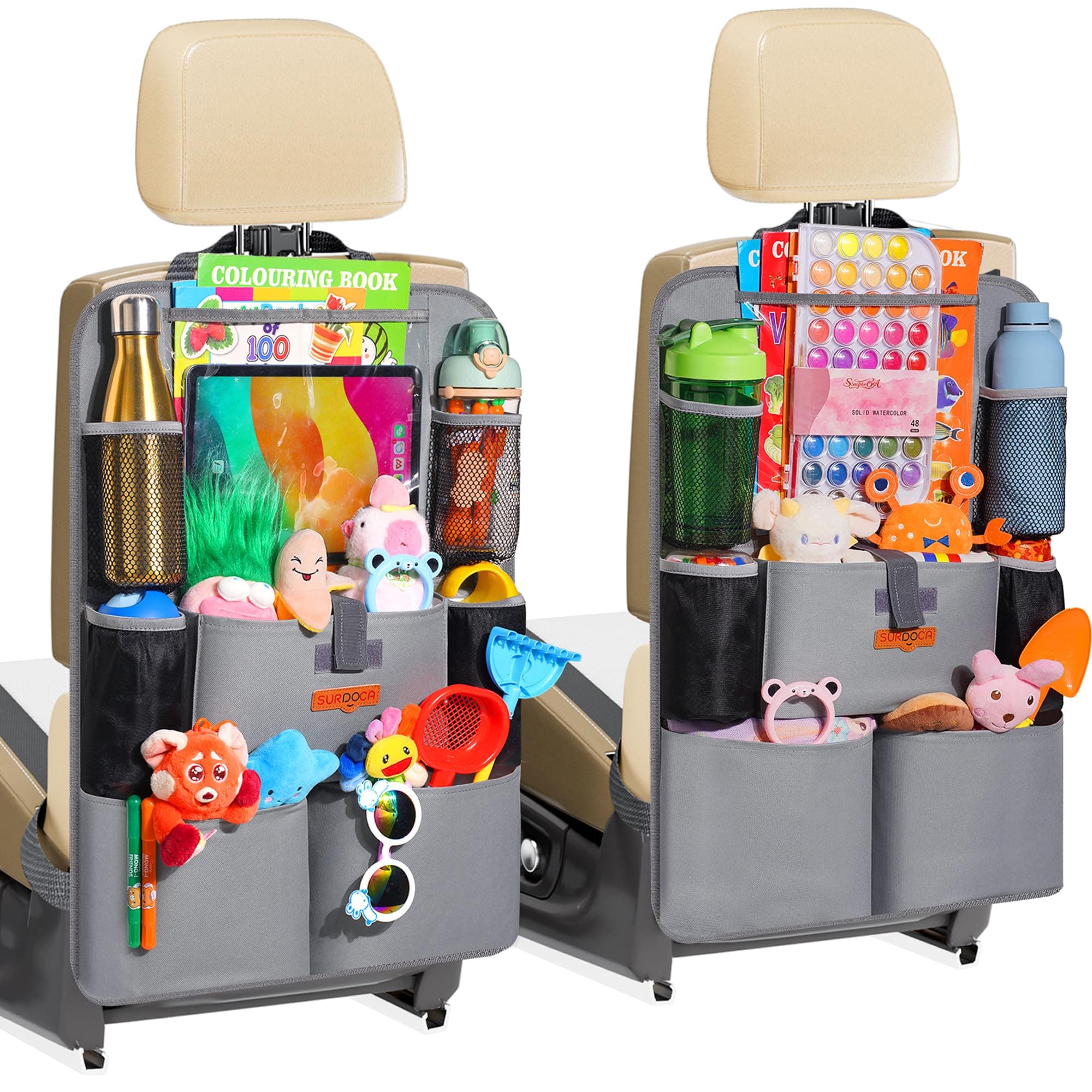 SURDOCA Upgraded Car Organizer with 11-inch Tablet Holder, 8 Pockets, Car Seat Protector for Road Trips - Car Storage and Organizers for Kids