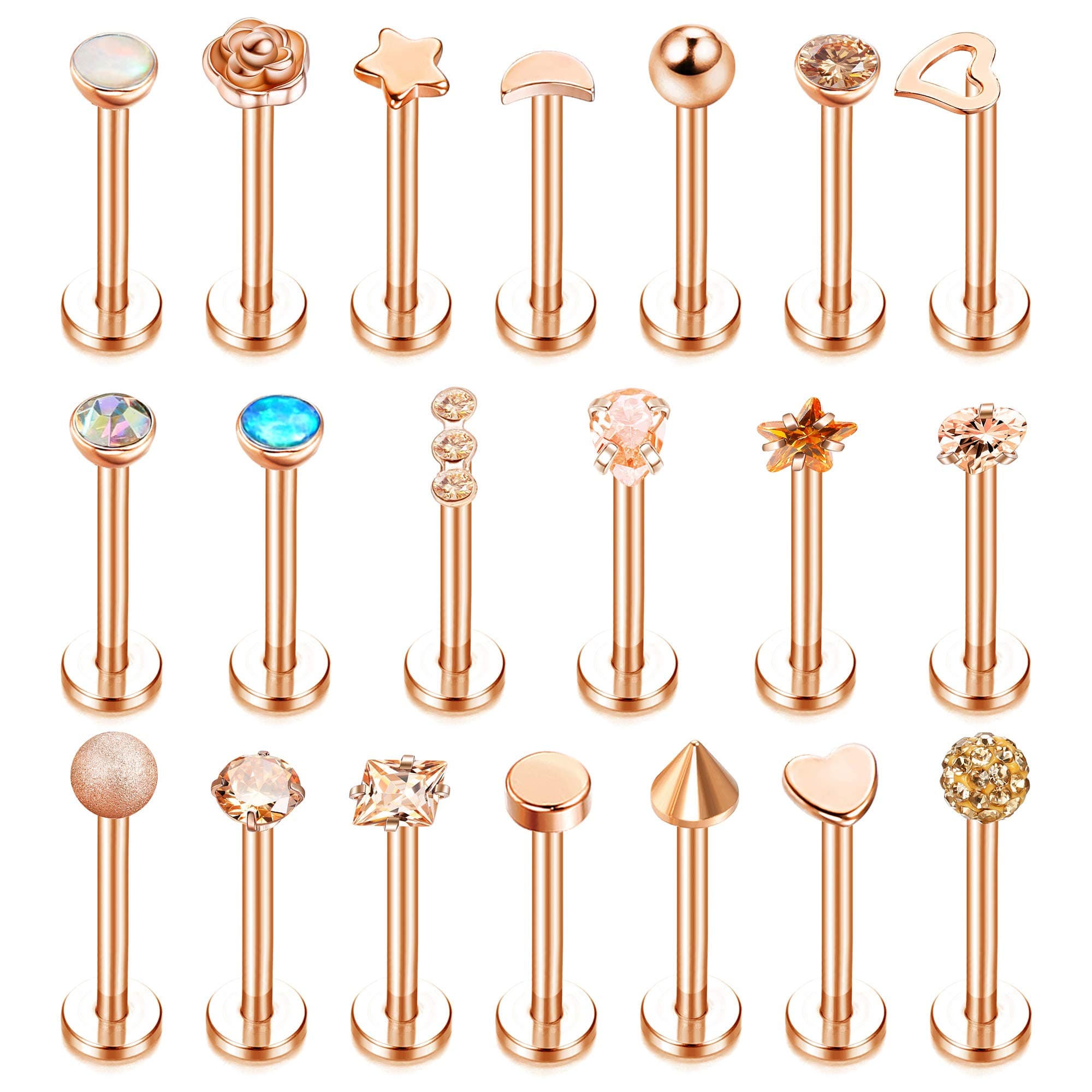 Subiceto16G Stainless Steel Forward Helix Monroe Labret Lip Nose Studs for Men Women Tragus Cartilage Stud Earrings Cz Balls Heart Flower Medusa Piercings 20 Pcs
