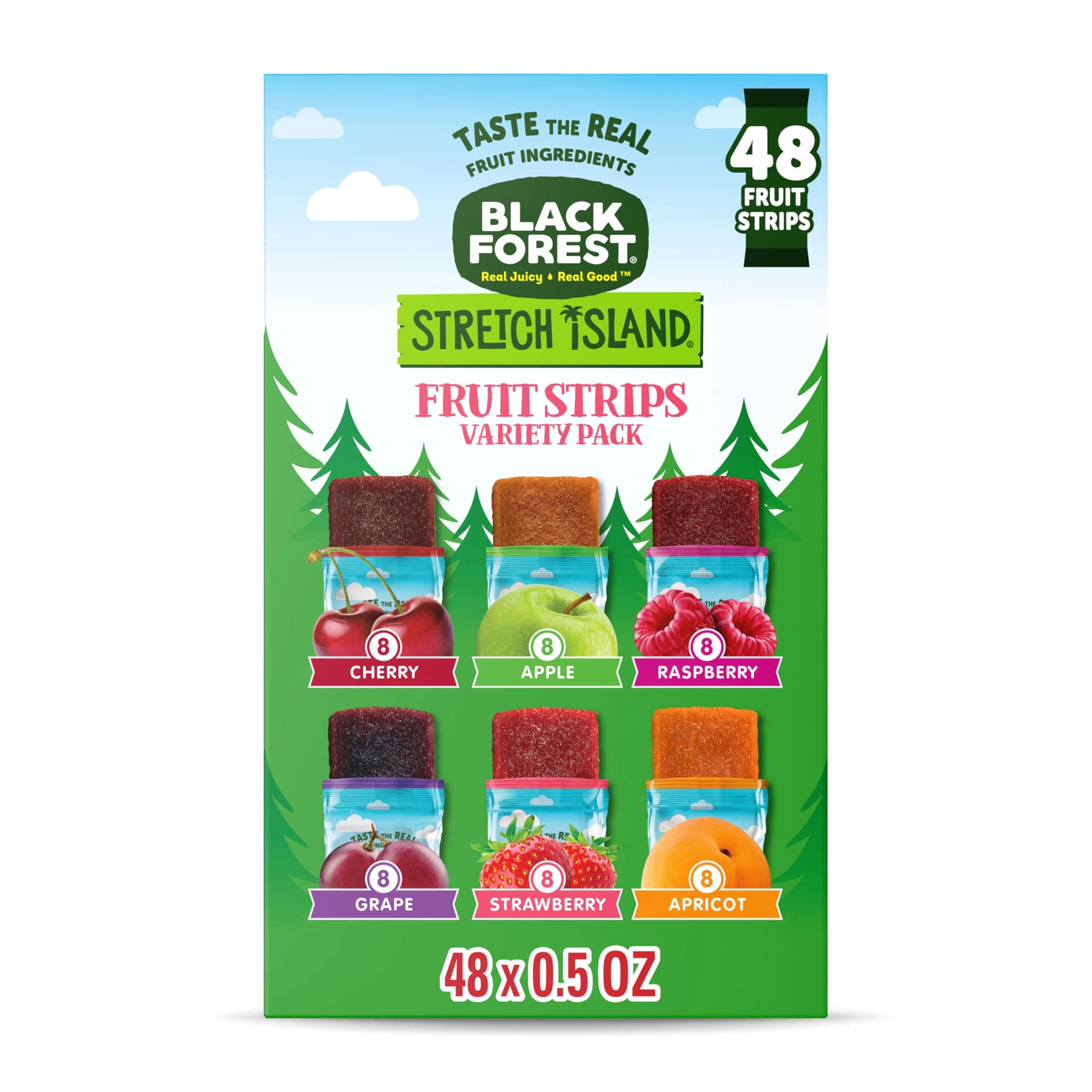 Black Forest , Stretch Island, Fruit Strips, Cherry, Apple, Raspberry, Grape, Strawberry and Apricot, Zero Grams of Added Non-GMO Sugar, 48 Ct