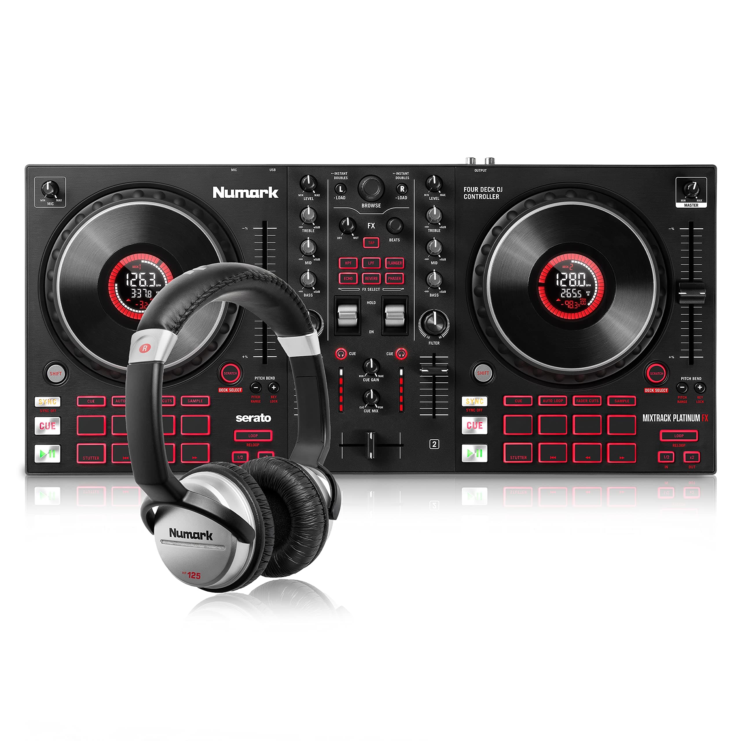 Mixtrack Platinum FX + Numark HF125 – 4-Deck DJ Controller for Serato DJ + Ultra-Portable Professional DJ Headphones