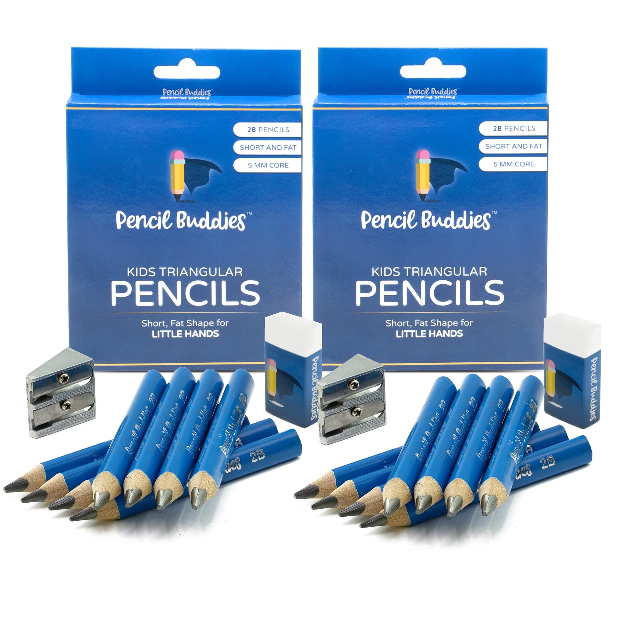 Jumbo Triangular Pens for Preschoolers, Preschool, Toddler and Beginners (2 Sets) - 8 Short Triangular Pencils & Sharpeners, Fat Pens for Kindergarten, 2B (Light Blue, 2 Sets)