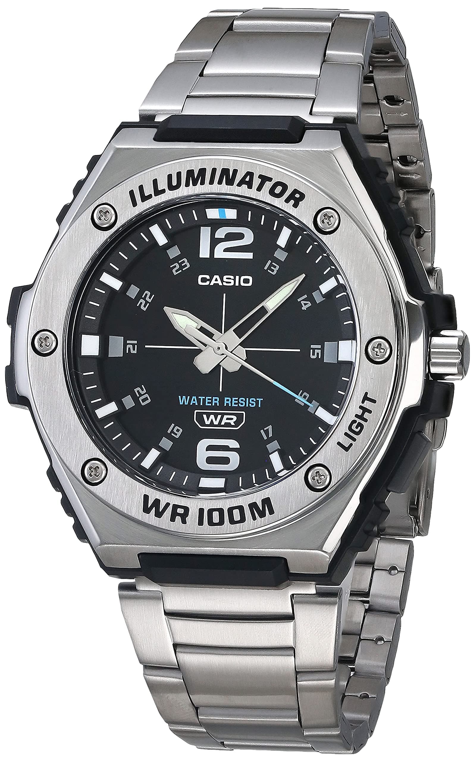MWA100H Series | Men’s Analog Watch |100M WR | Stainless Steel Bezel | LED Illuminator Backlight with Afterglow | Resin Band | 3 Hands (HR, MIN, SEC) | 3 Year Battery