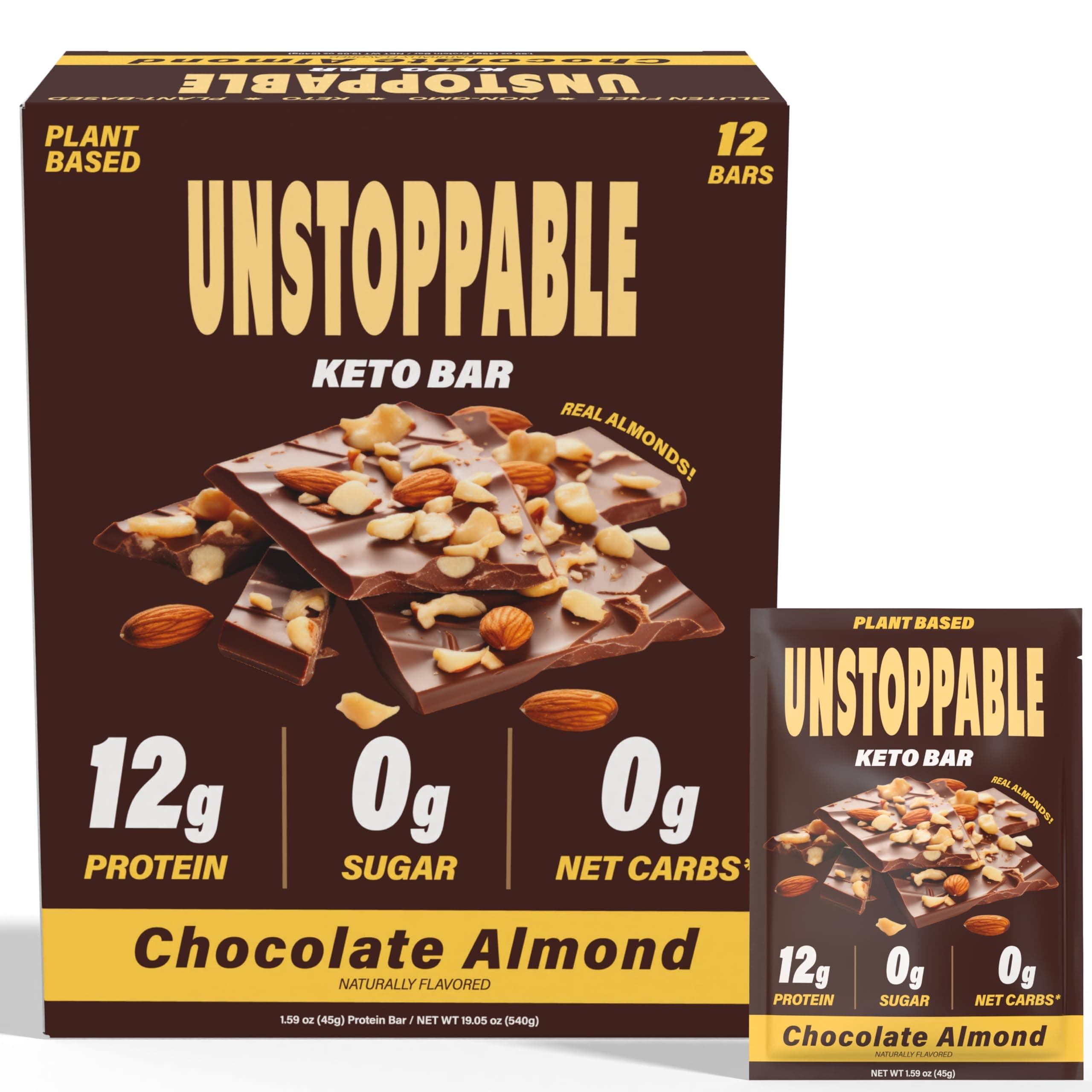UNSTOPPABLE Vegan Protein Bars, High Protein, Plant Based, Gluten Free, High Fiber, Low Carb, Low Calorie, Healthy Snacks, No Sugar, Keto Energy Bar, Chocolate Almond, 12 Count
