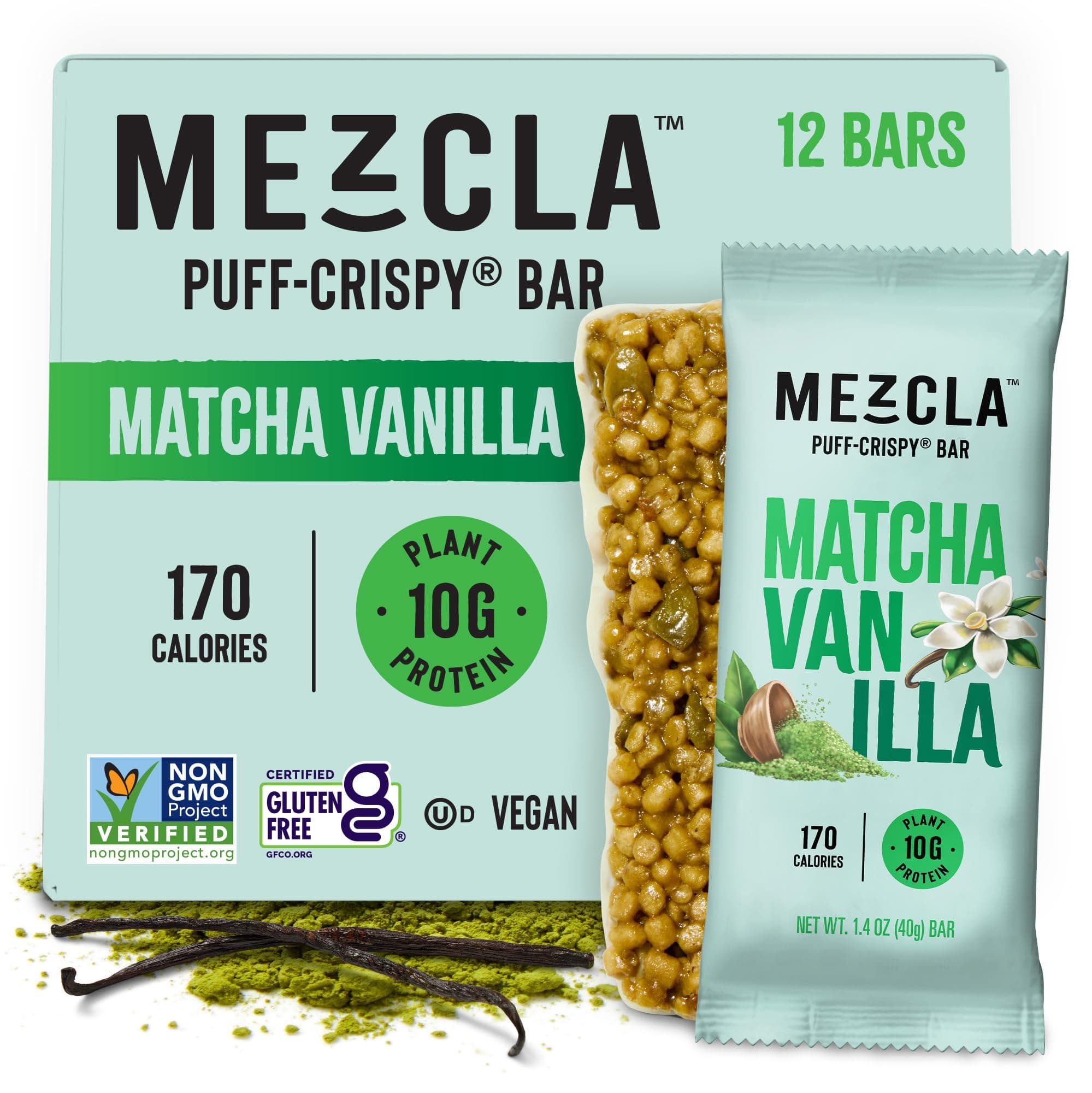 Mezcla Puff-Crispy Plant Based Protein Bars - Matcha Vanilla - Healthy Snacks for Adults & Matcha Latte Fans - Best School, Travel, Office Snacks - Gluten Free, Vegan, Non GMO, 10g Protein - 12 Count