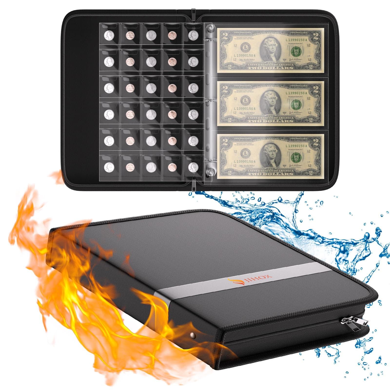 Fireproof Coin Collection Book Holder for Collectors, 300 Pockets Coin Collection Supplies & 36 Sleeves Money Storage Case, Waterproof Coin Collector Gifts, Coin Album, Bill, Pennies, Quarters, Stamp