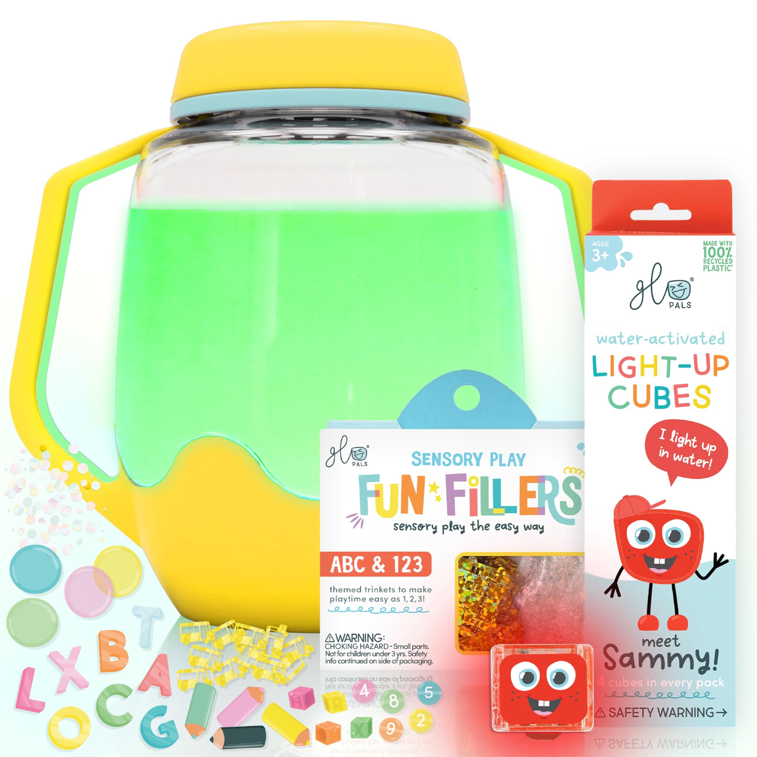Glo Pals Play Pack Bundle with Sensory Play Jar, Water-Activated Light-Up Cubes, and Fun Fillers - Sensory Toys for Toddlers - Sensory Toy Kit with Light Up Cubes for Bathtub - Easy as ABC