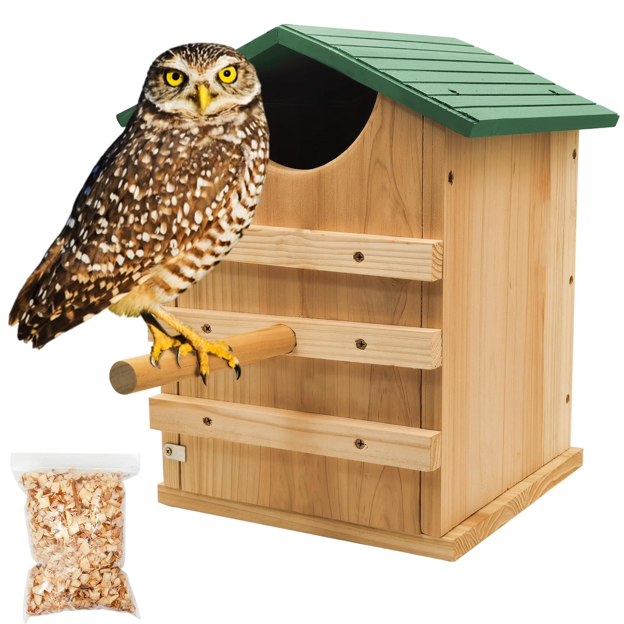 Prolee Screech Owl House Hand Made 14 x 10 Inch with Bird Stand Design, 100% Cedar Wood Owl Box with Mounting Screws, Easy Assembly Required
