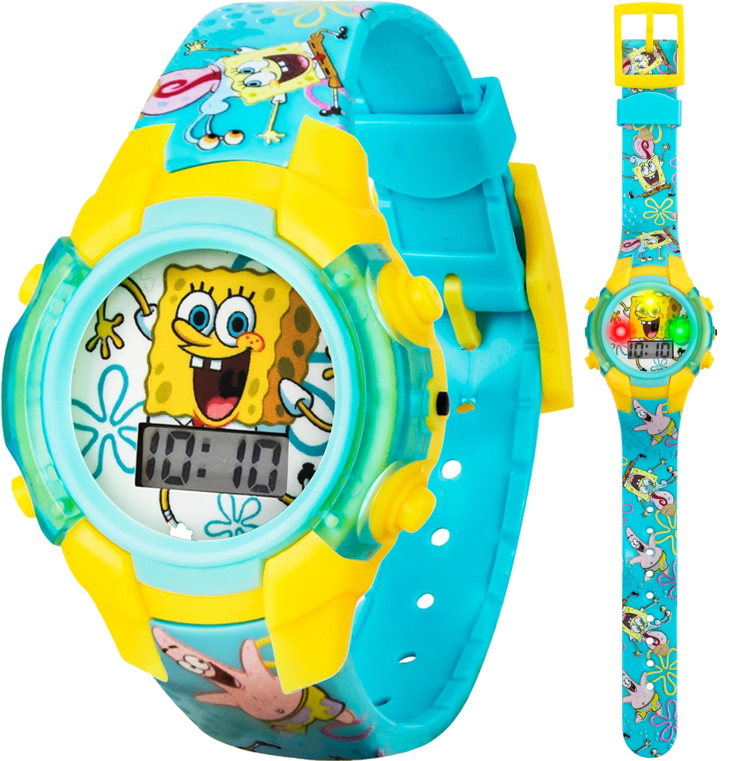 Accutime Nickelodeon Spongebob Squarepants Kids LCD Watch with LED Lights, Colorful Character Strap, Interactive Flashing Display, Supplied in Collector's Tin
