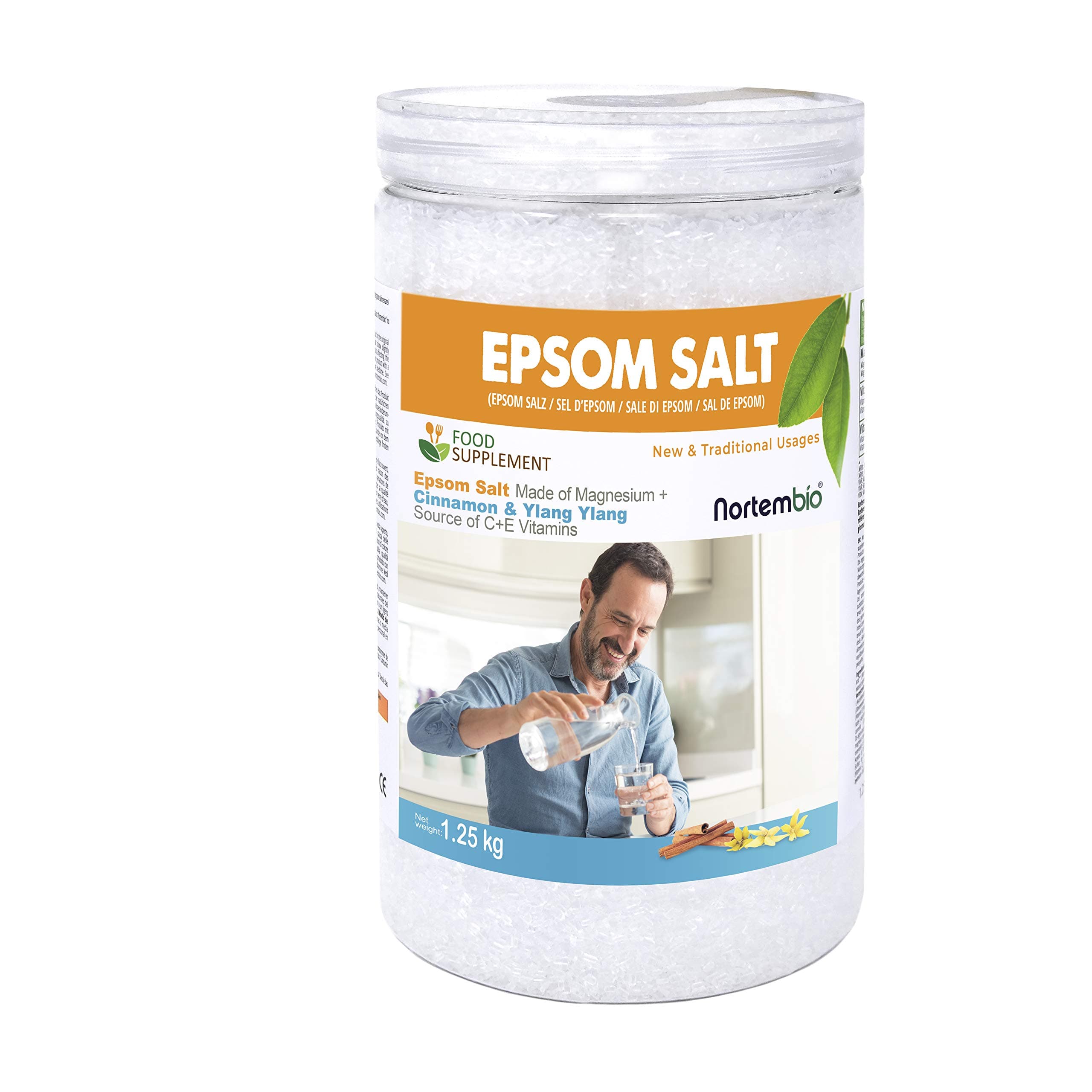 Nortembio Epsom Salt 1.25 Kg. Food Grade. High Magnesium Content. Organic Cinnamon and Ylang Ylang Extracts. Source of Vitamin C and E. Health and Well-Being.
