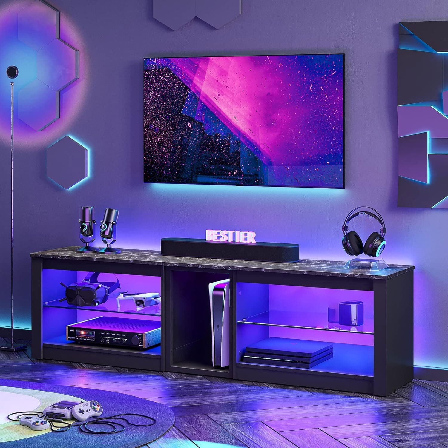 Bestier TV Stand for 70 inch TV, Gaming Entertainment Center for PS5, LED TV Cabinet with Glass Shelves for Living Room, 63'' Inch, Marble Black