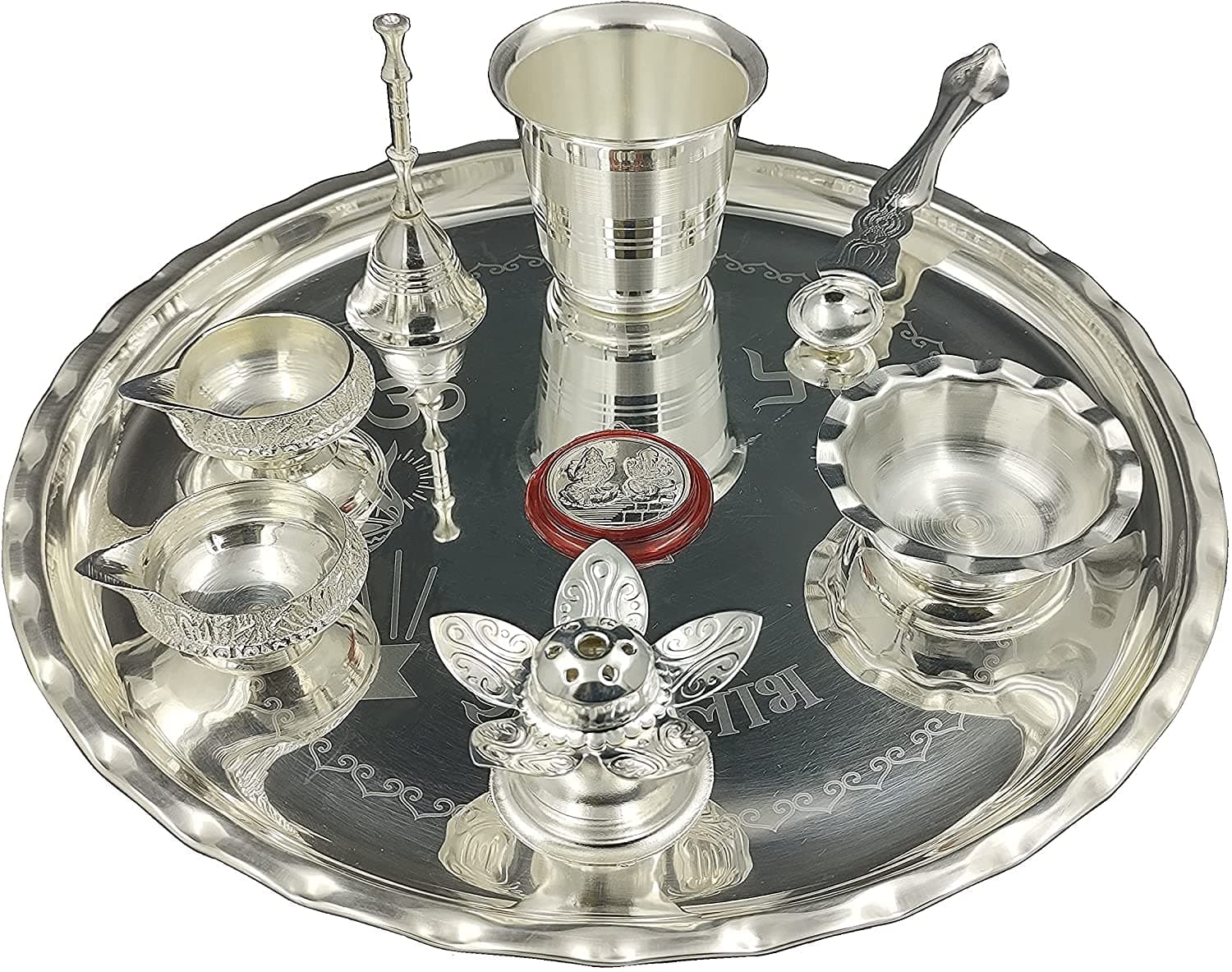 Silver Plated Pooja Thali Set 9.5 Inch with Coin Kuber Diya Dhup Dani Bowl Spoon Glass Ghanti for Puja, Diwali, Home, Temple, Office, Wedding Return Gift Items