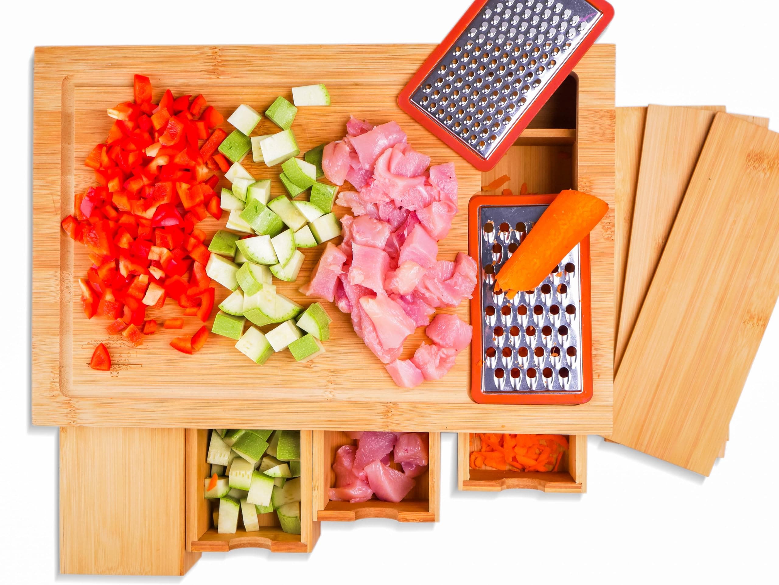 ecozoi Bamboo Cutting Board with Containers, Wood Cutting Board with 4 Slide Out Drawers, Non Slip Meal Prep Station, Chopping Board, Wooden Butcher Block with Juice Groove and 2 Bonus Graters