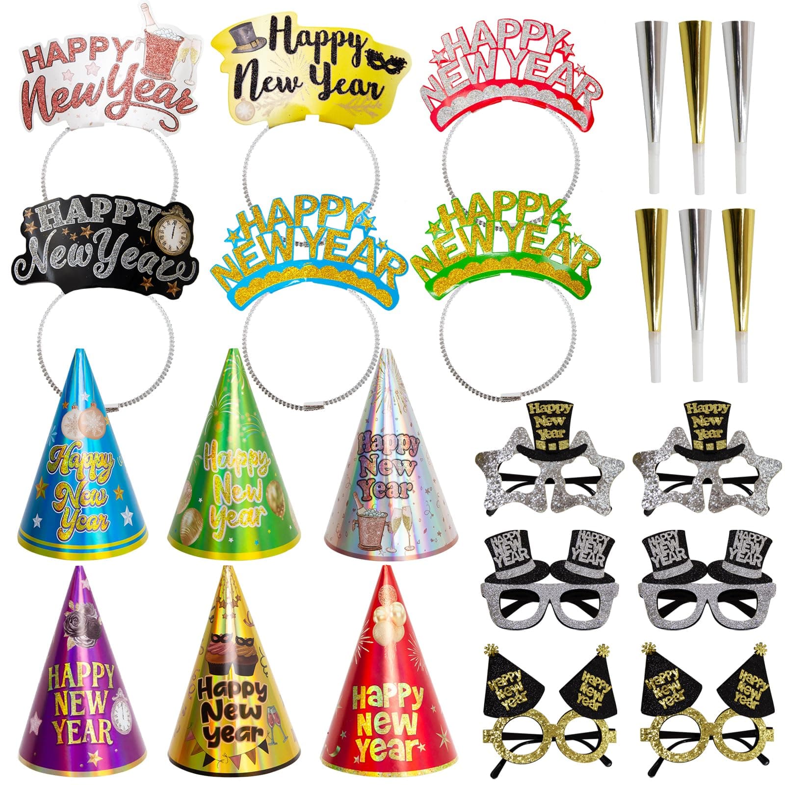 Happy New Years Eve Party Supplies 2026 New Year Decorations Party Favors 6 Hats 6 Headbands Tiaras 6 Felt Plastic Frame Glasses 6 Horns Squakers New Year's Eve Party Eyeglasses Blowers Noisemakers